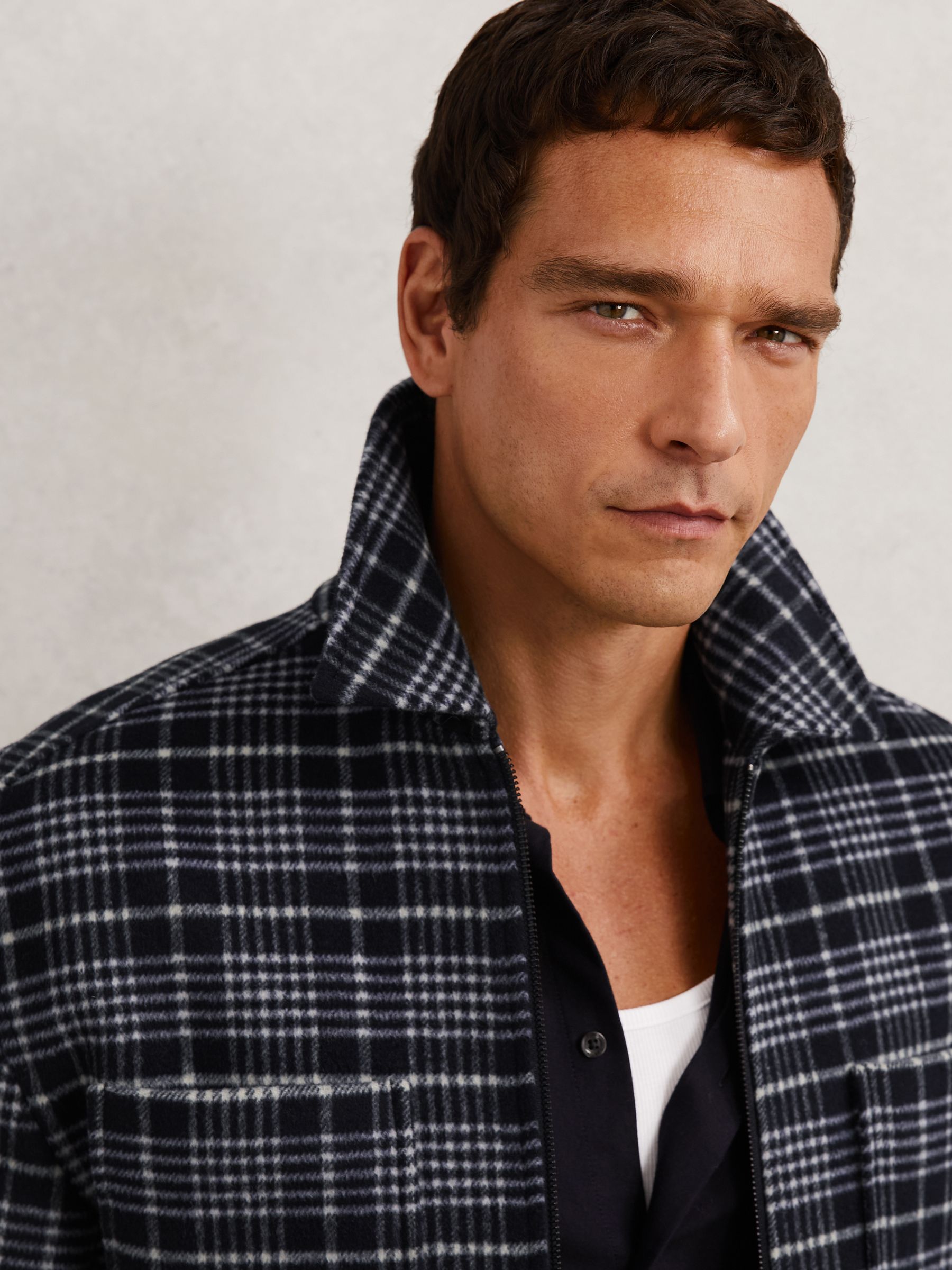 Wool-Blend Check Padded Overshirt in Blue - Image 4 of 6