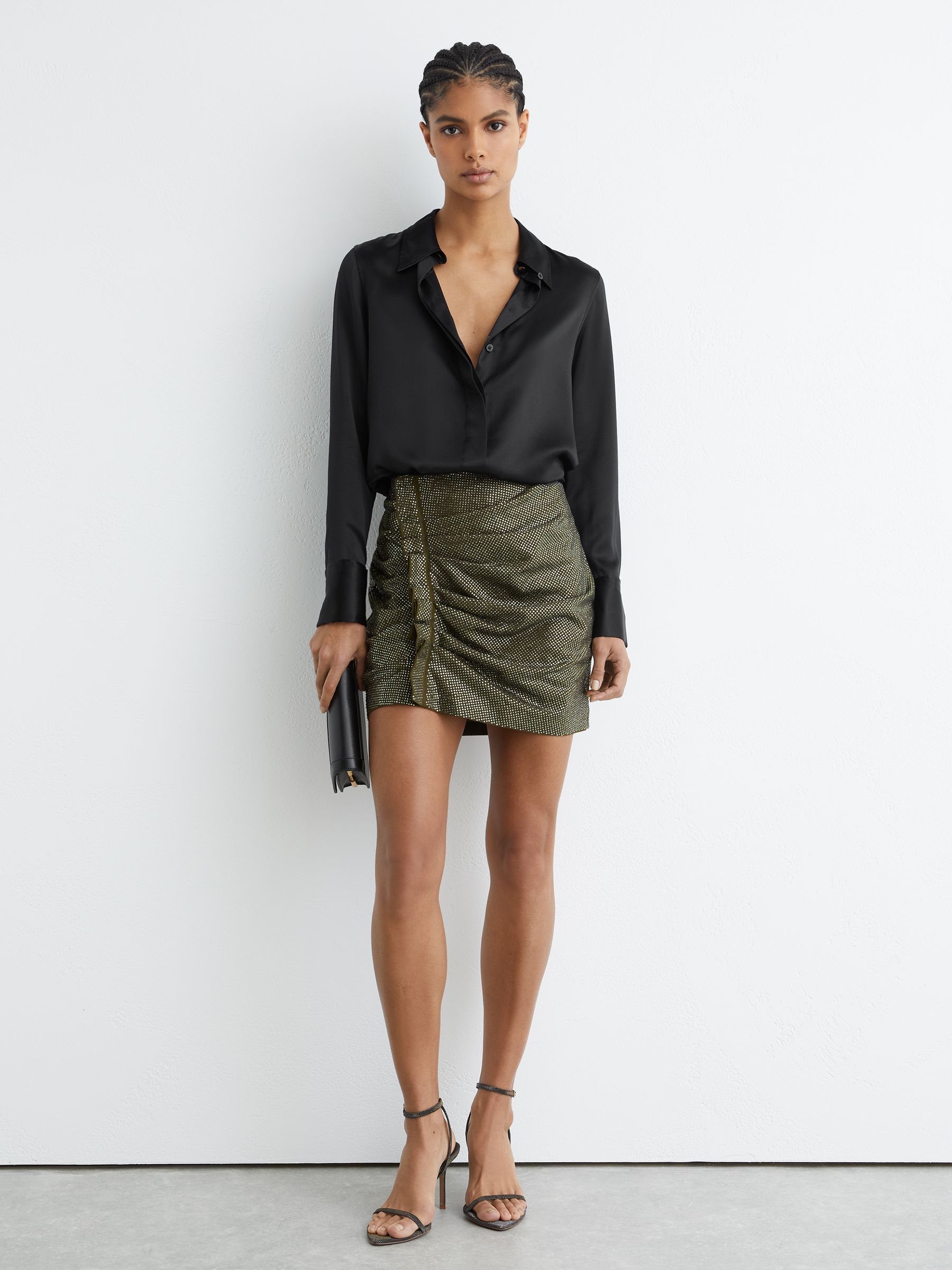 Crystal-Embellished Ruched Mini Skirt in Khaki Green - Image 1 of 6