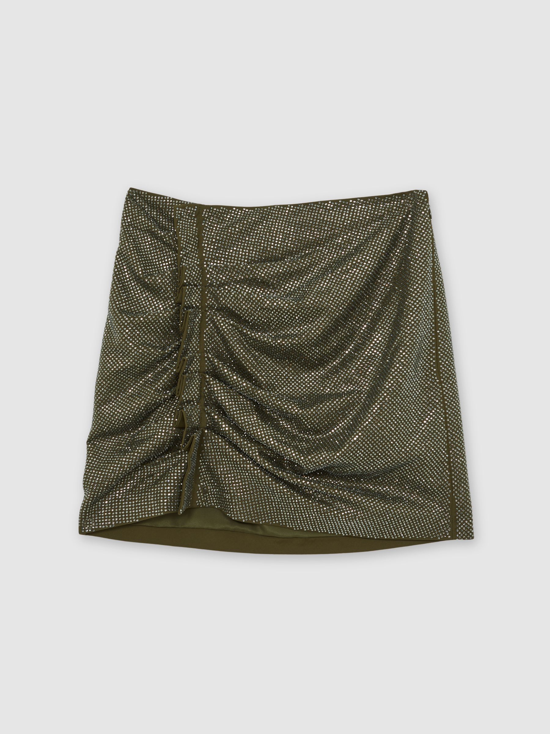 Crystal-Embellished Ruched Mini Skirt in Khaki Green - image 1
