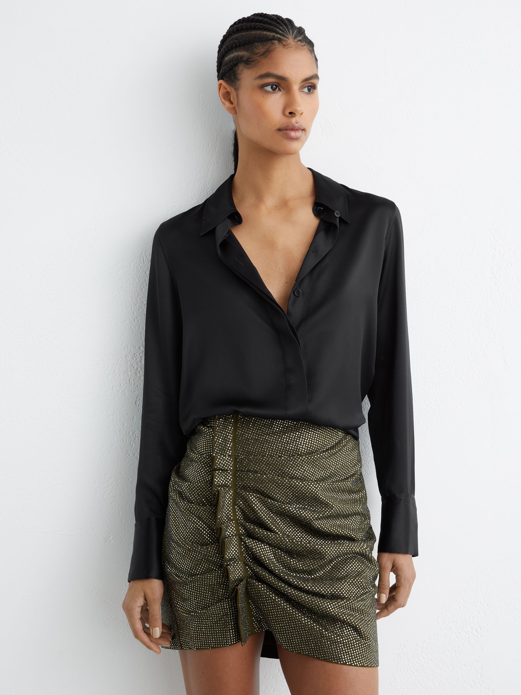 Crystal-Embellished Ruched Mini Skirt in Khaki Green - Image 3 of 6