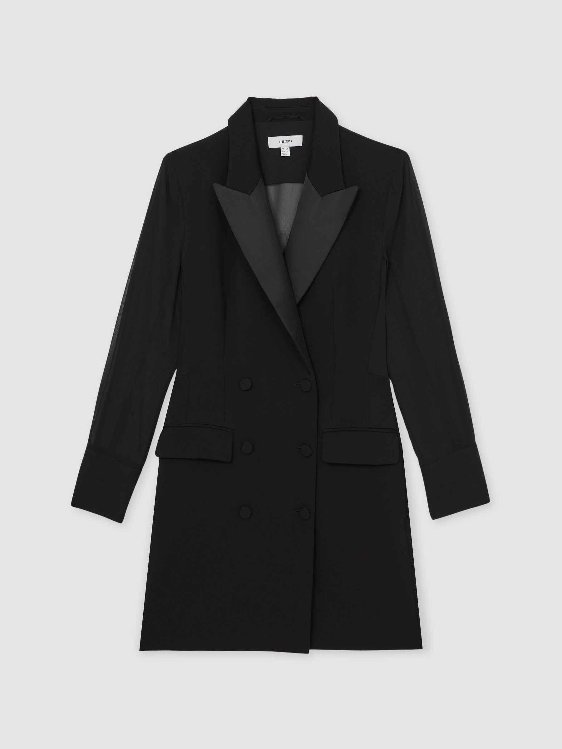 Sheer-Sleeve Tuxedo Mini Dress in Black - Image 2 of 6