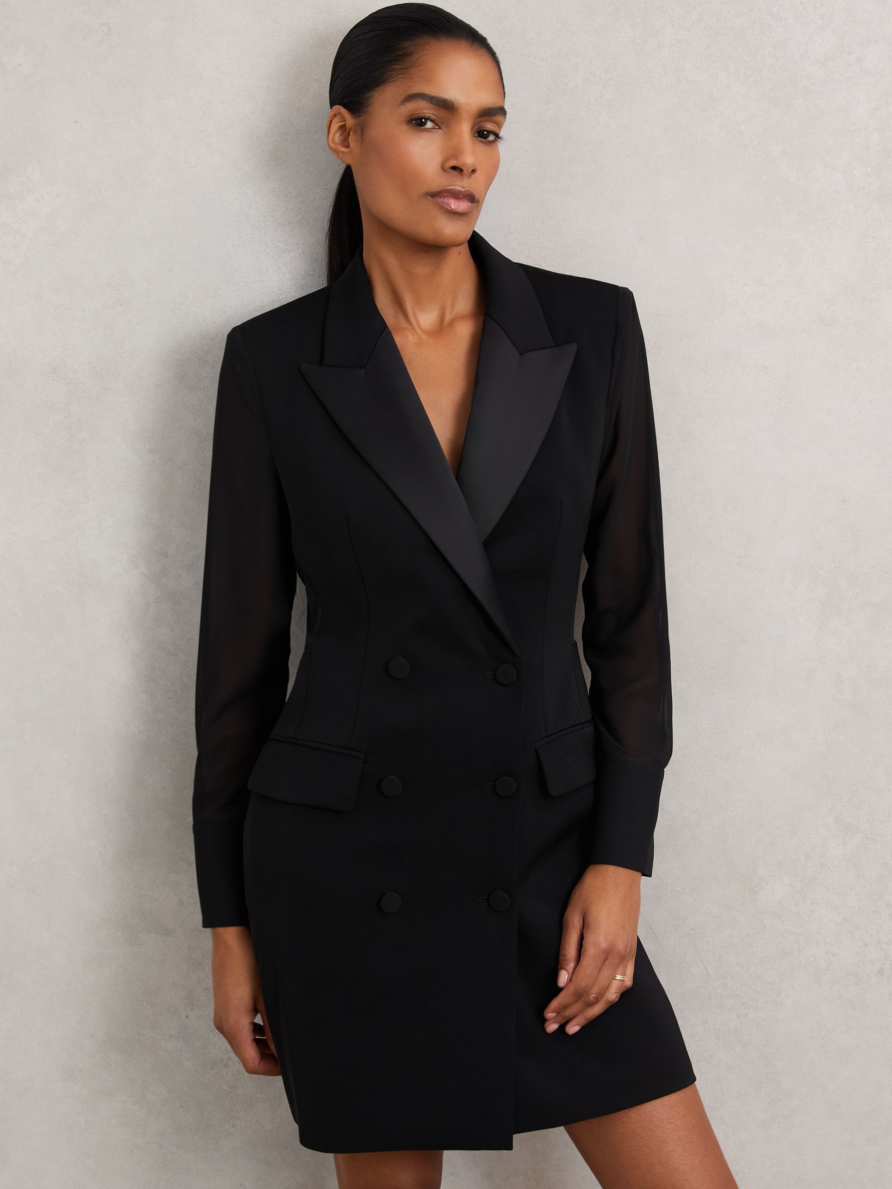 Reiss Sheer-Sleeve Tuxedo Mini Dress in Black | REISS
