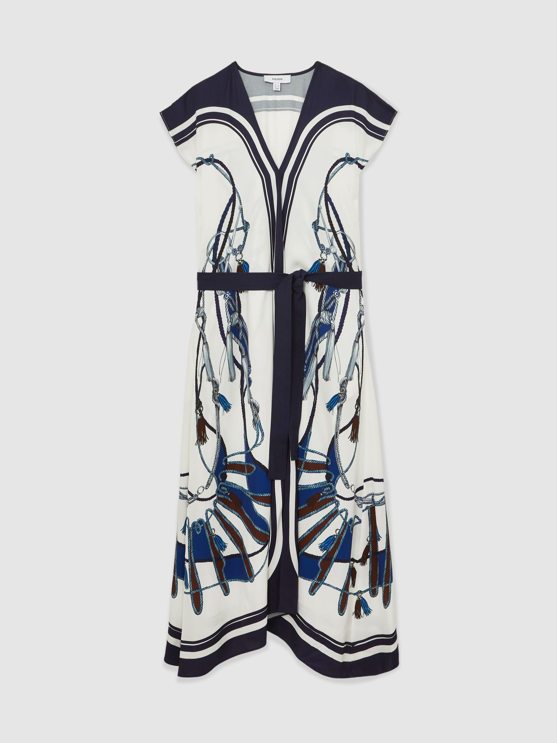 Scarf-Print V-Neck Belted Midi Dress in Blue/Brown - Image 2 of 6