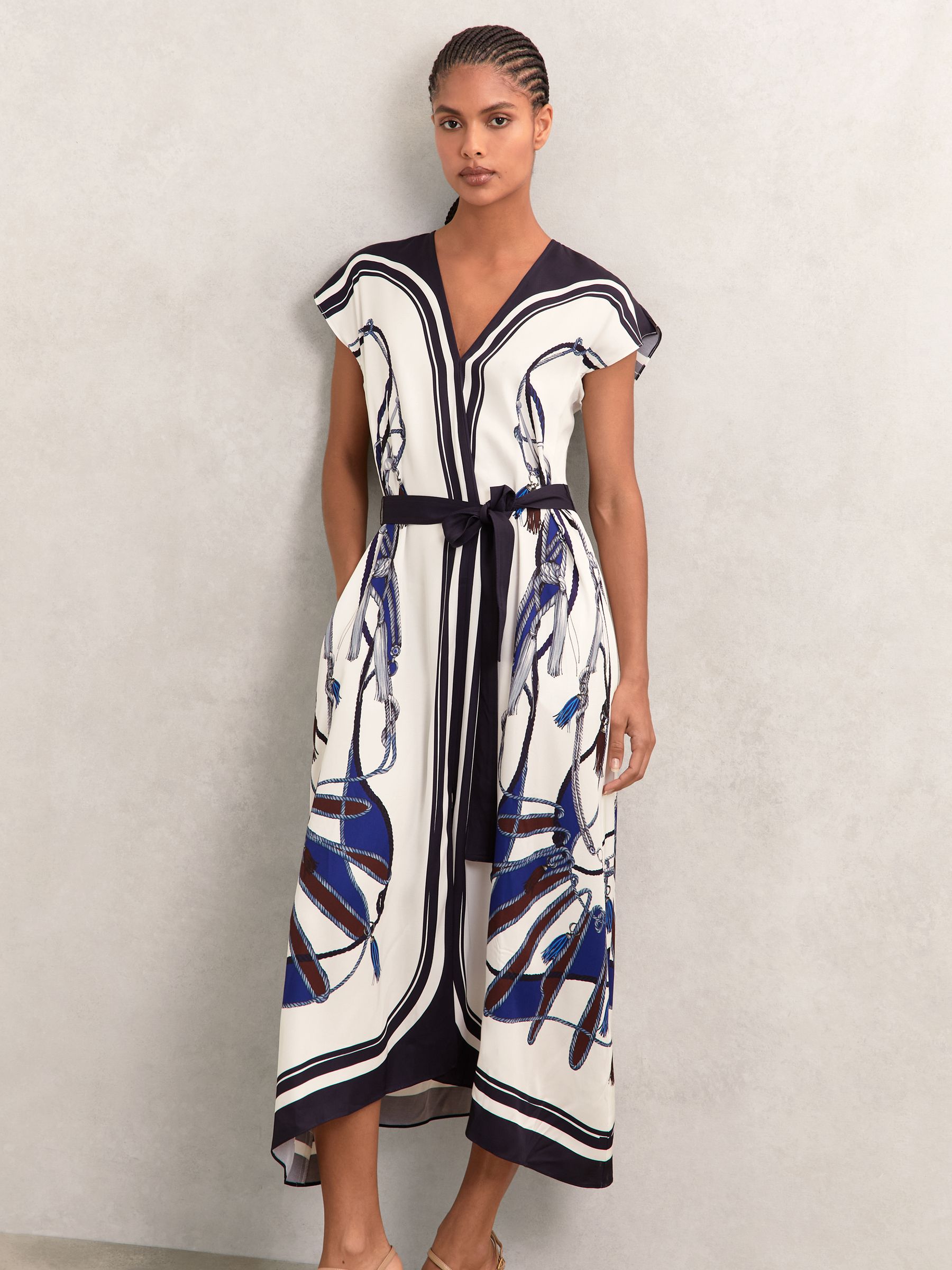 Scarf-Print V-Neck Belted Midi Dress in Blue/Brown - image 4