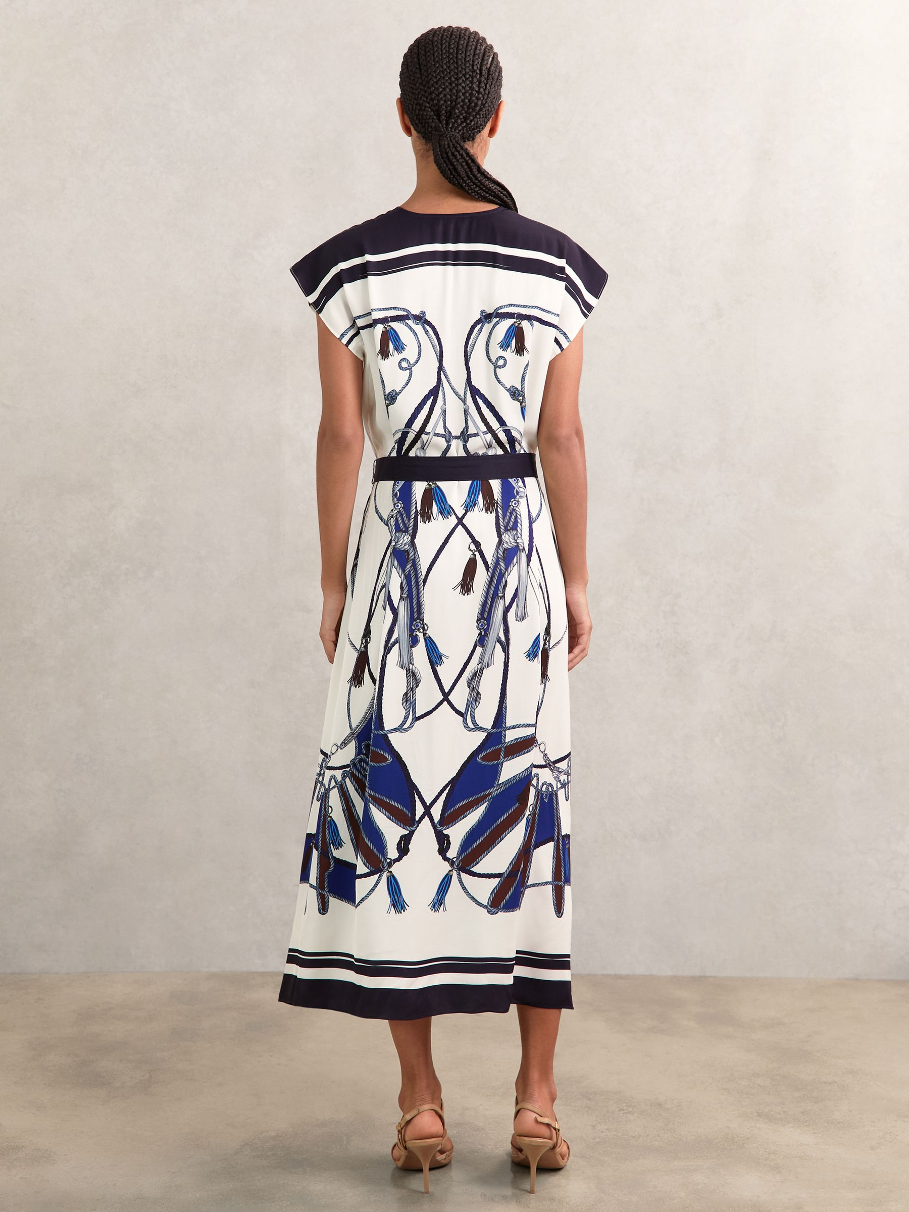 blue scarf print dress Reiss Scarf-Print V-Neck Belted Midi Dress in Blue/Brown