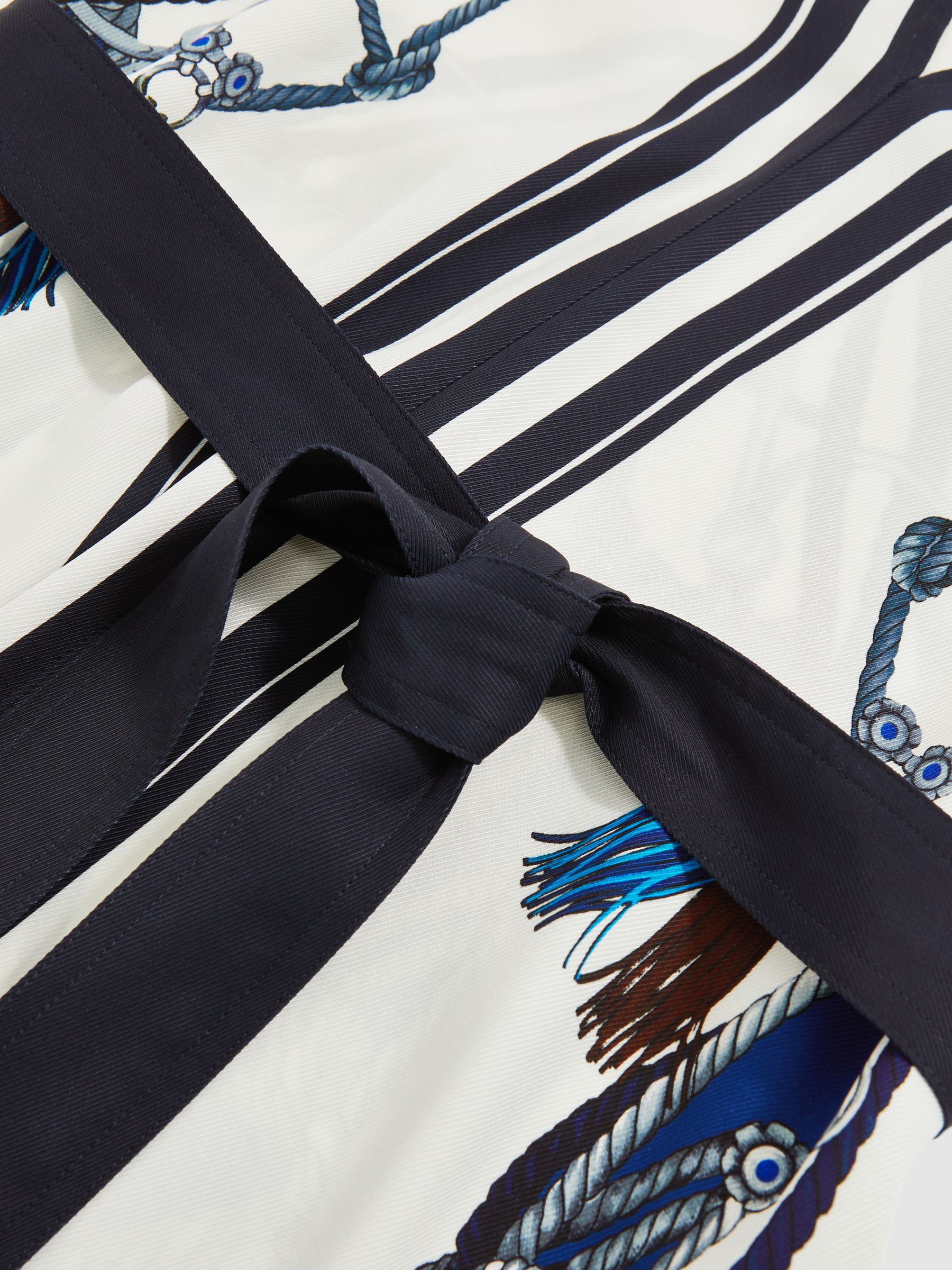 Scarf-Print V-Neck Belted Midi Dress in Blue/Brown - Image 6 of 6