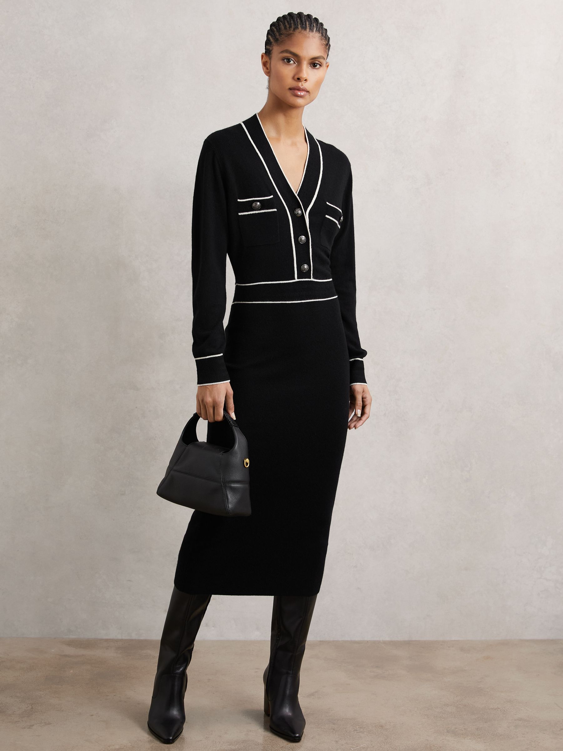 Wool-Blend Tipped Dress With Cashmere in Black/Ivory - Image 1 of 6 Wool-Blend Tipped Dress With Cashmere in Black/Ivory - Image 1 of 6
