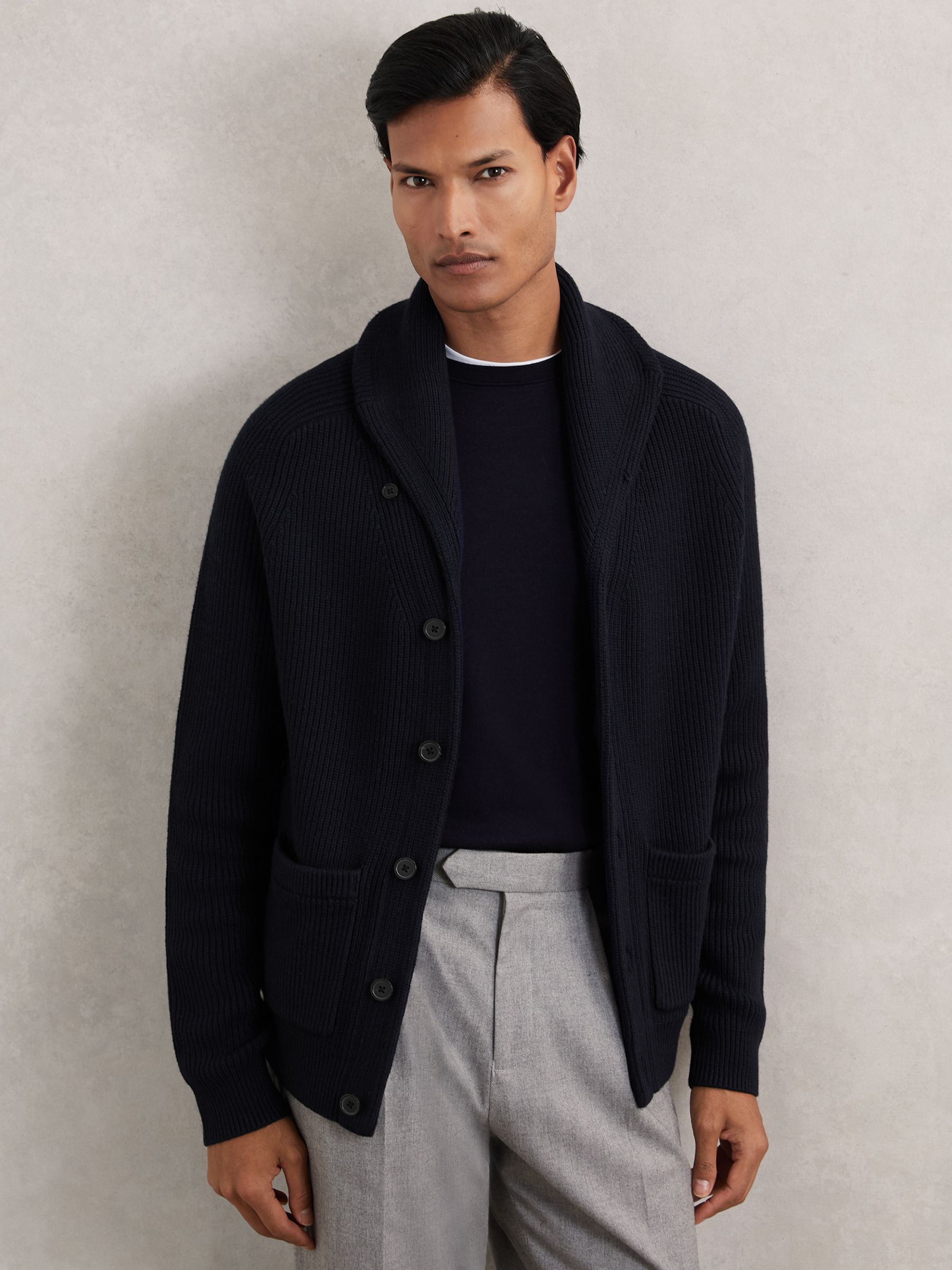 Reiss Shawl-Collar Cardigan With Wool in Navy | REISS