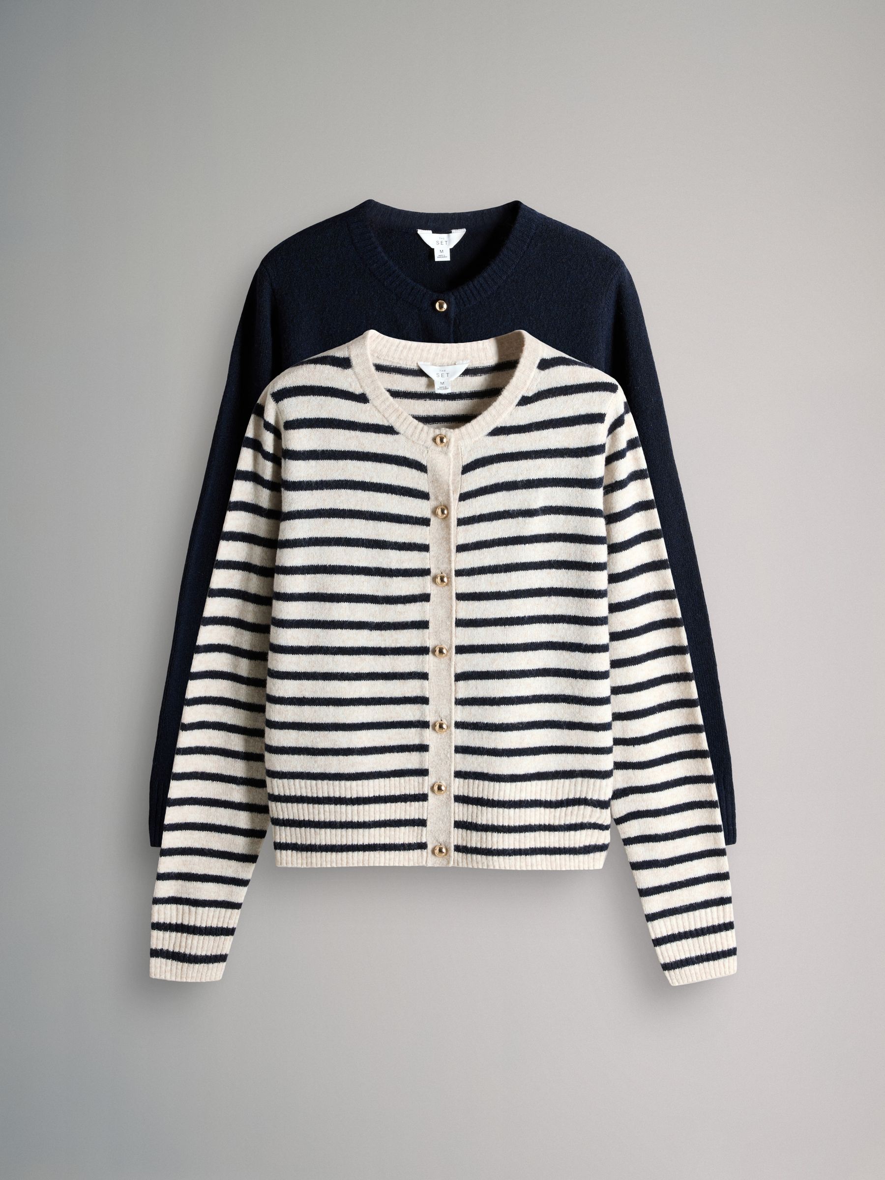 Navy/Cream Stripe 2 Pack Gold Button Knitted Cardigans With Wool - Image 1 of 5