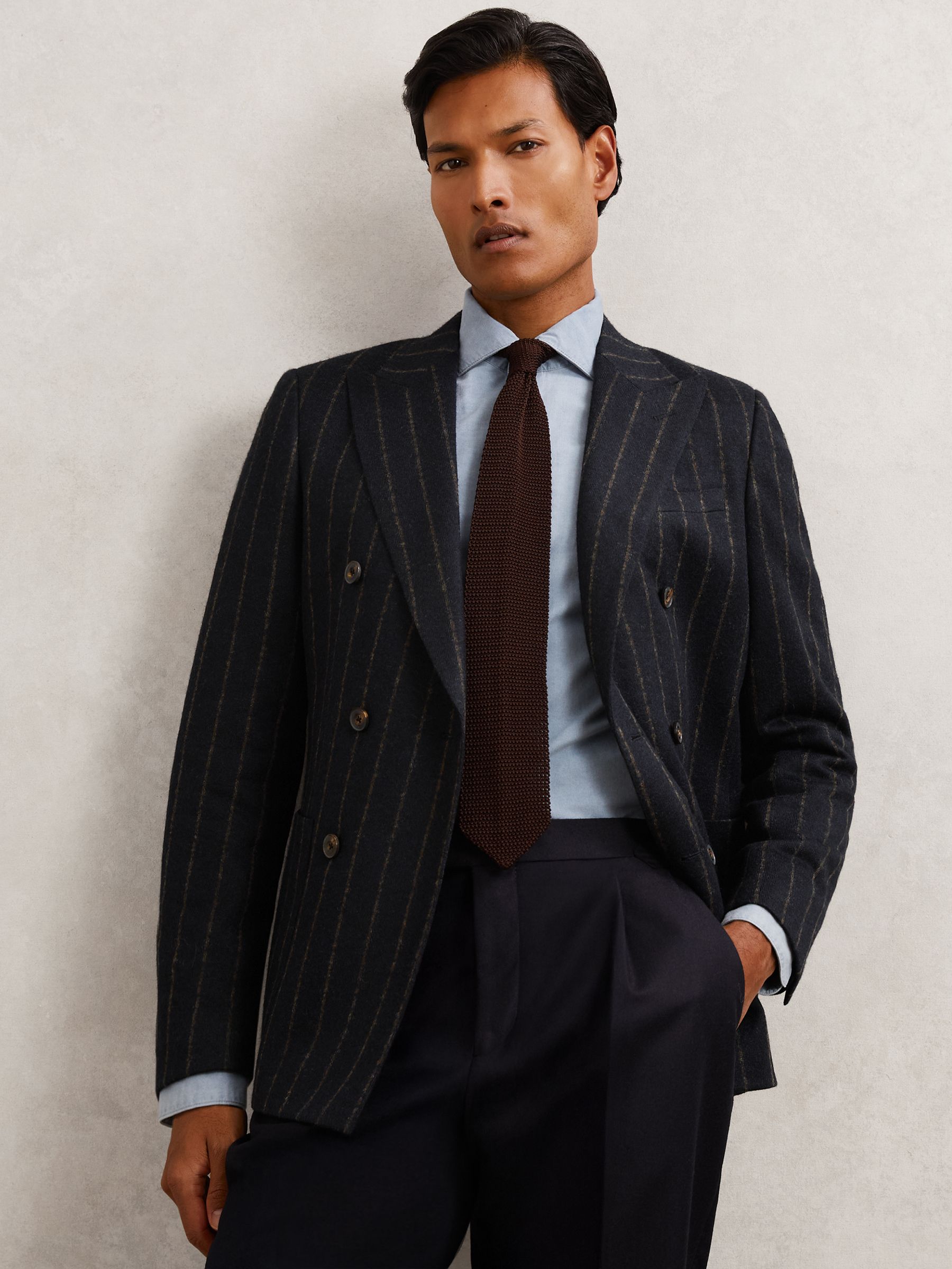 Double-Breasted Chalk-Stripe Blazer Tailored-Fit with Wool in Navy - Image 1 of 9 Double-Breasted Chalk-Stripe Blazer Tailored-Fit with Wool in Navy - Image 1 of 9