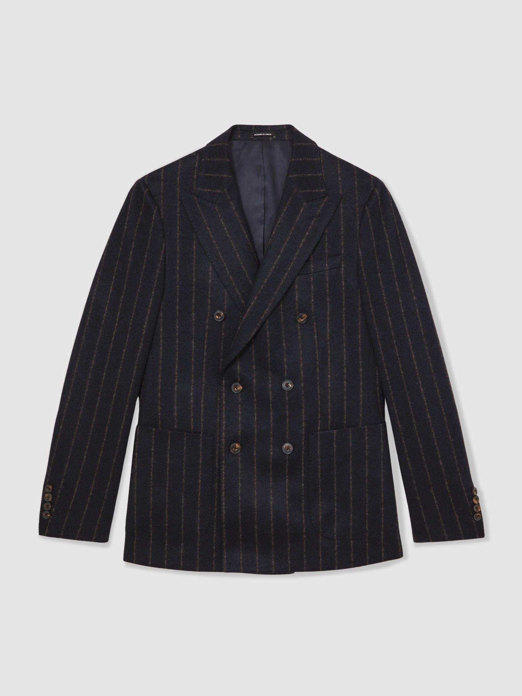Double-Breasted Chalk-Stripe Blazer Tailored-Fit with Wool in Navy - Image 2 of 9 Double-Breasted Chalk-Stripe Blazer Tailored-Fit with Wool in Navy - Image 2 of 9