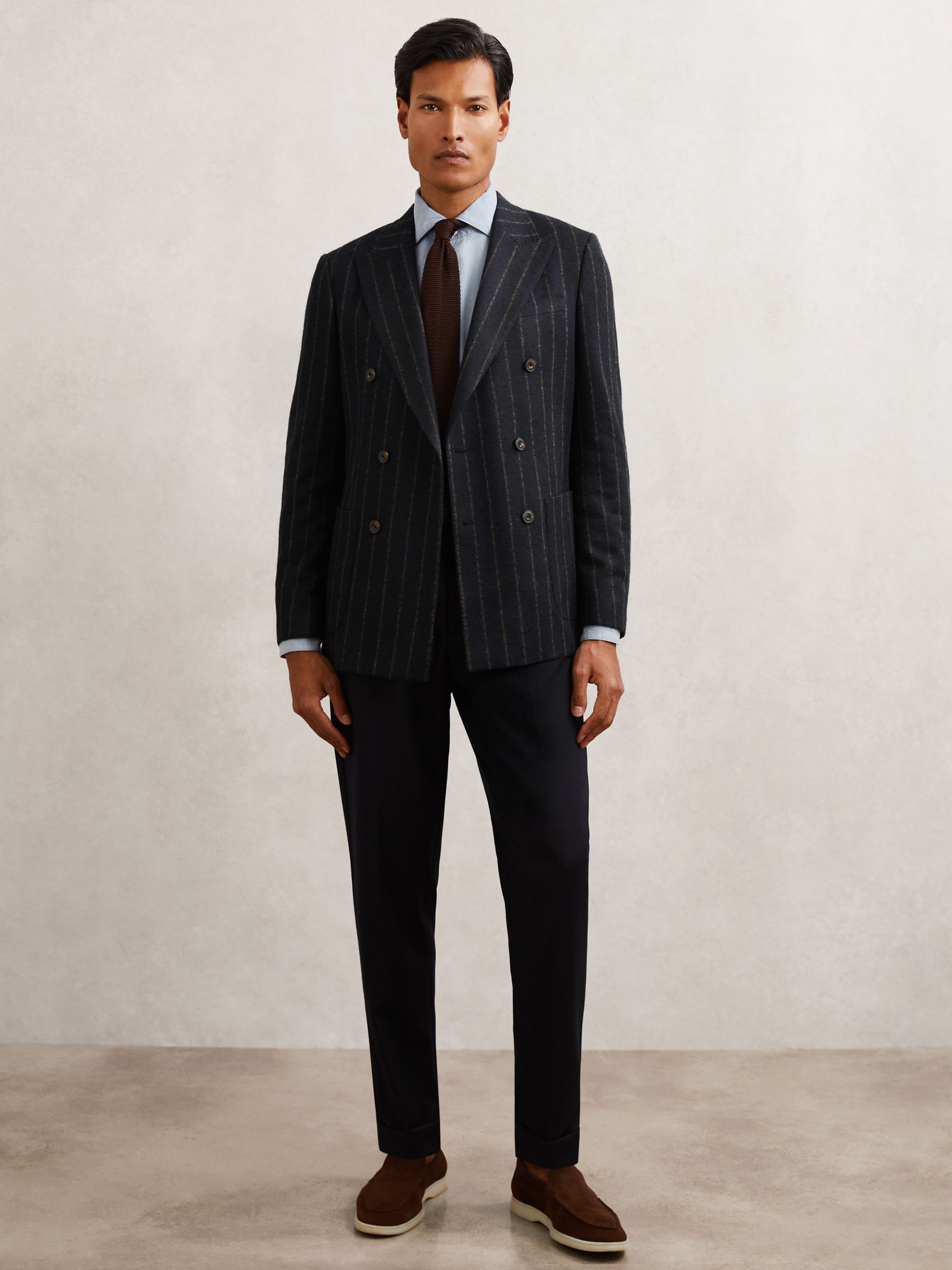 Double-Breasted Chalk-Stripe Blazer Tailored-Fit with Wool in Navy - Image 3 of 9