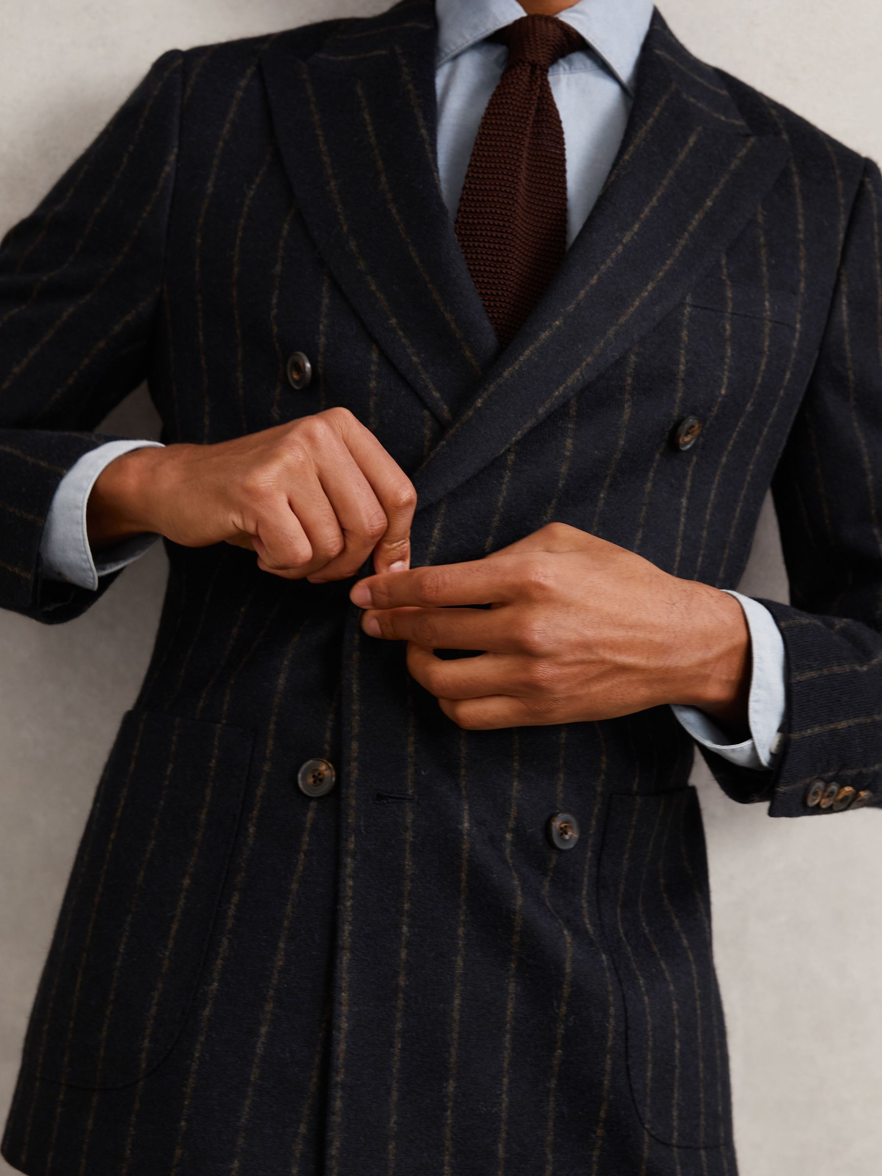 Double-Breasted Chalk-Stripe Blazer Tailored-Fit with Wool in Navy - Image 4 of 9