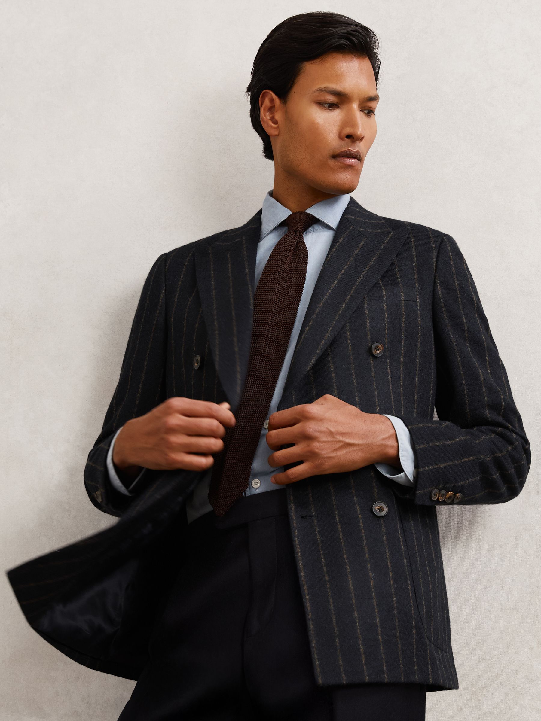 Double-Breasted Chalk-Stripe Blazer Tailored-Fit with Wool in Navy - Image 7 of 9