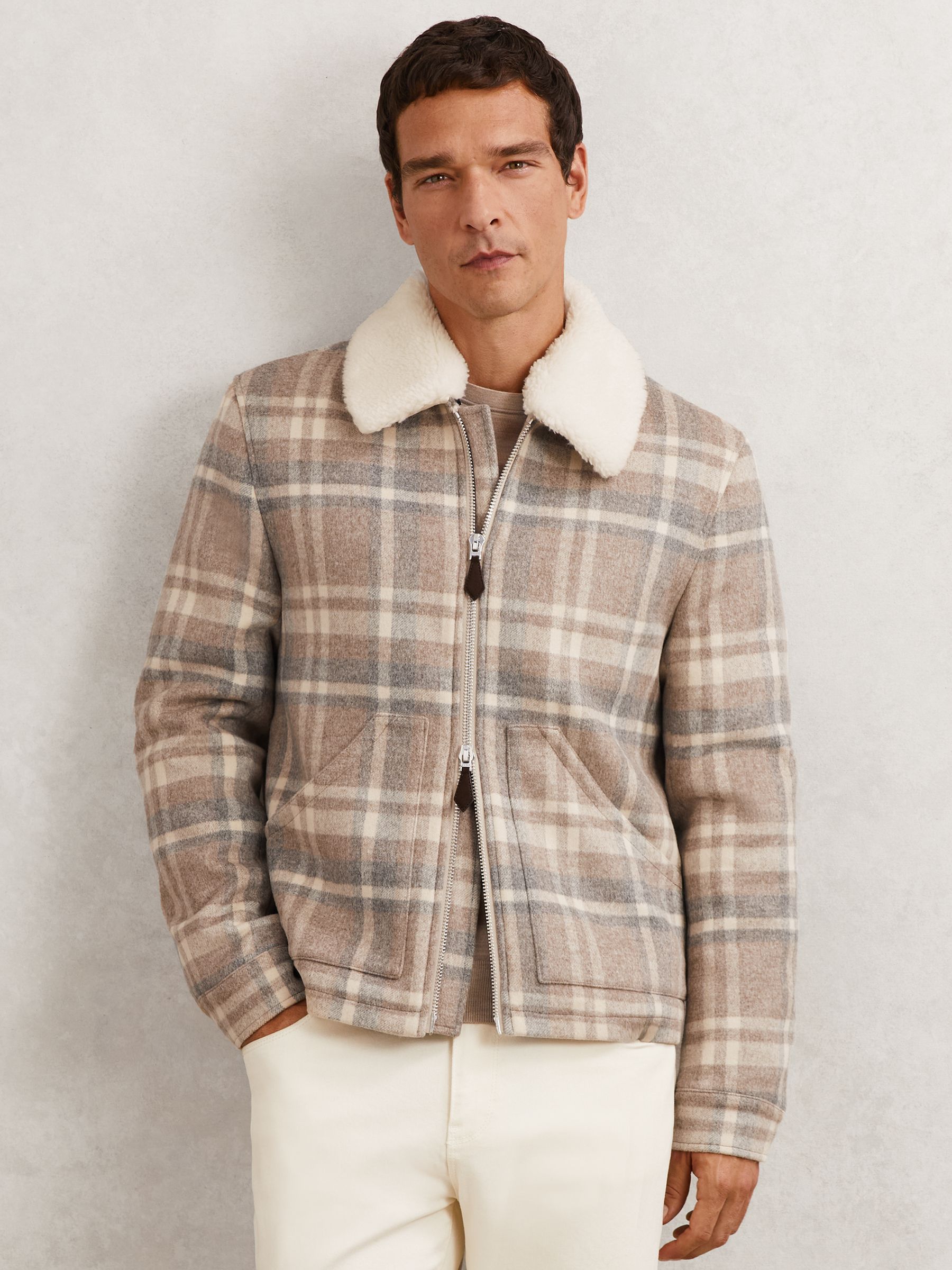 Wool-Blend Check Fleece-Collar Jacket in Oatmeal Brown - Image 1 of 6