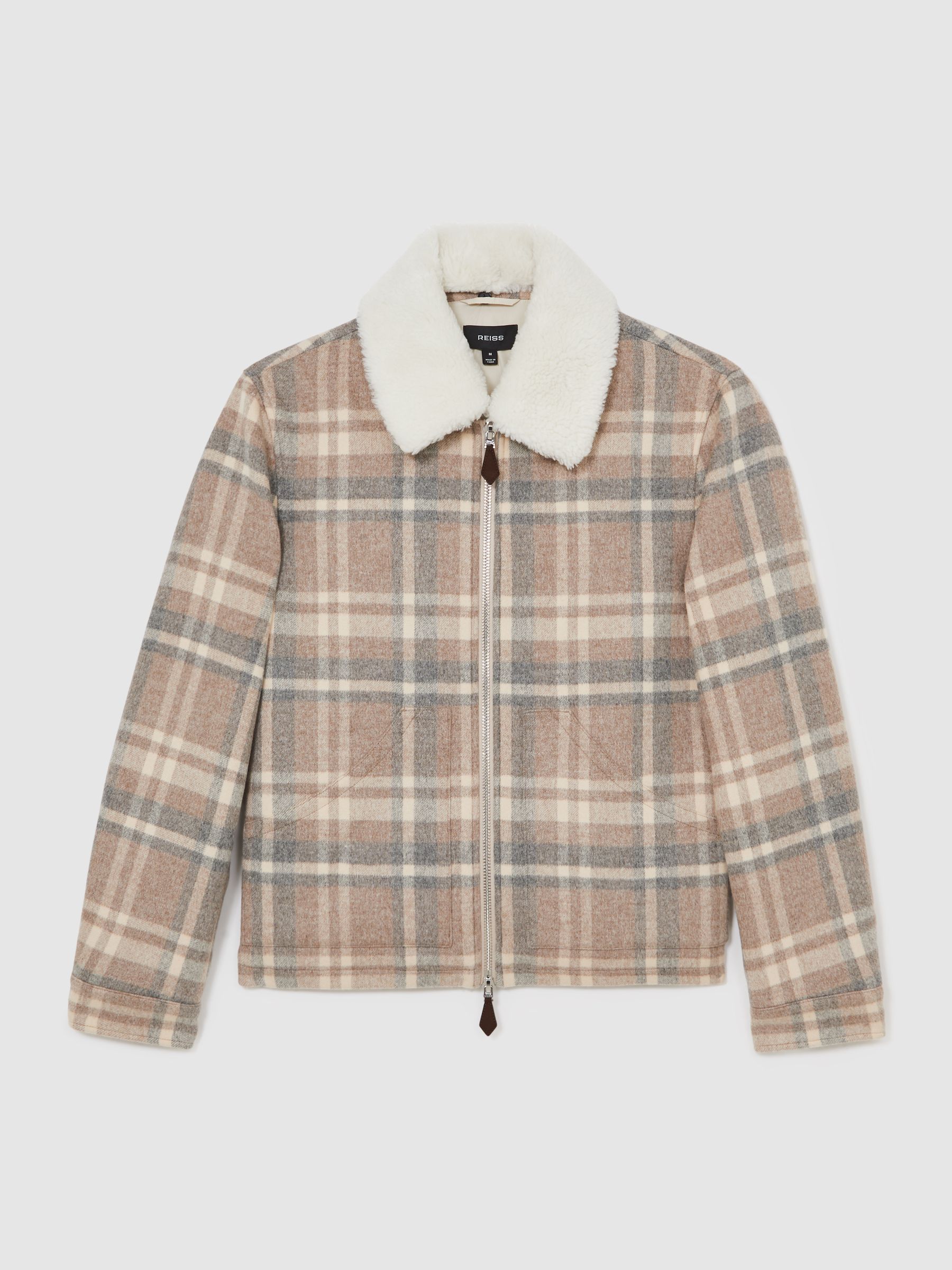 Wool-Blend Check Fleece-Collar Jacket in Oatmeal Brown - Image 2 of 6