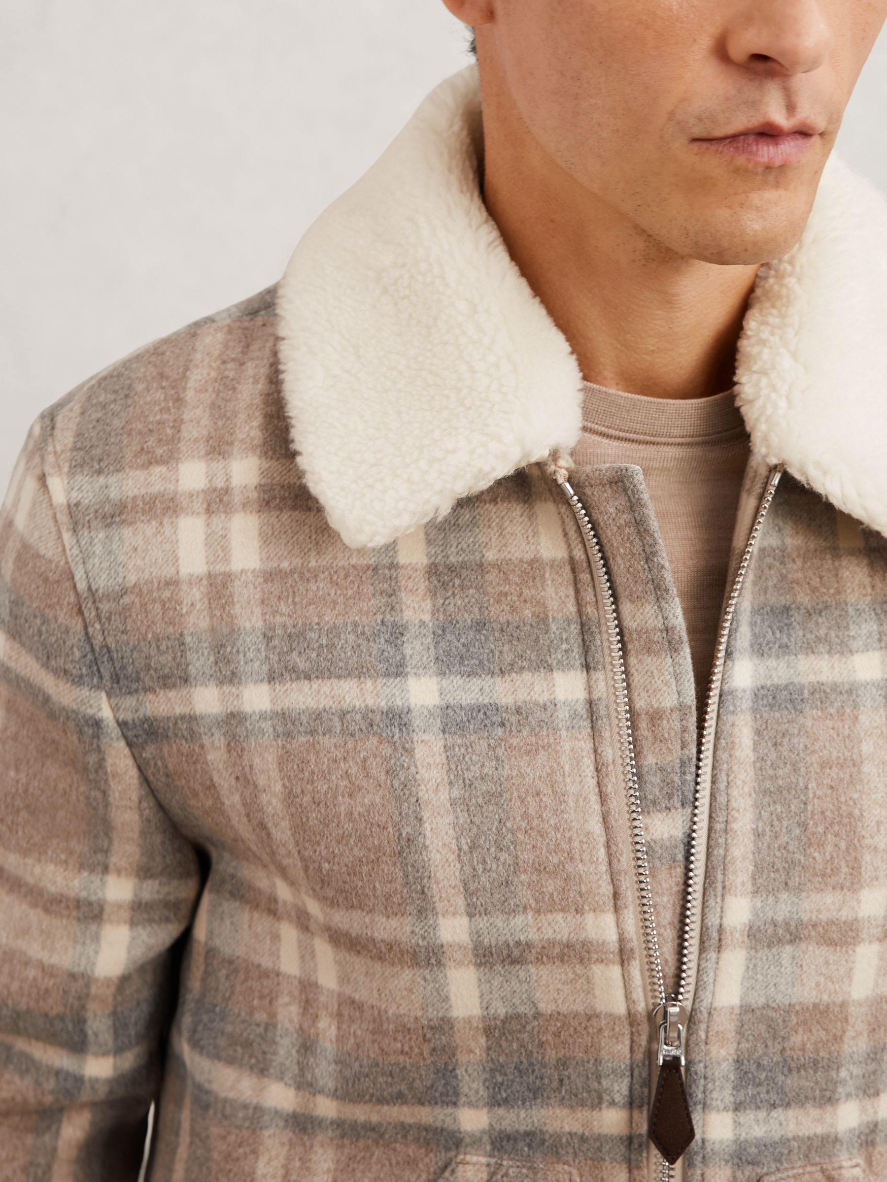 Wool-Blend Check Fleece-Collar Jacket in Oatmeal Brown - Image 3 of 6