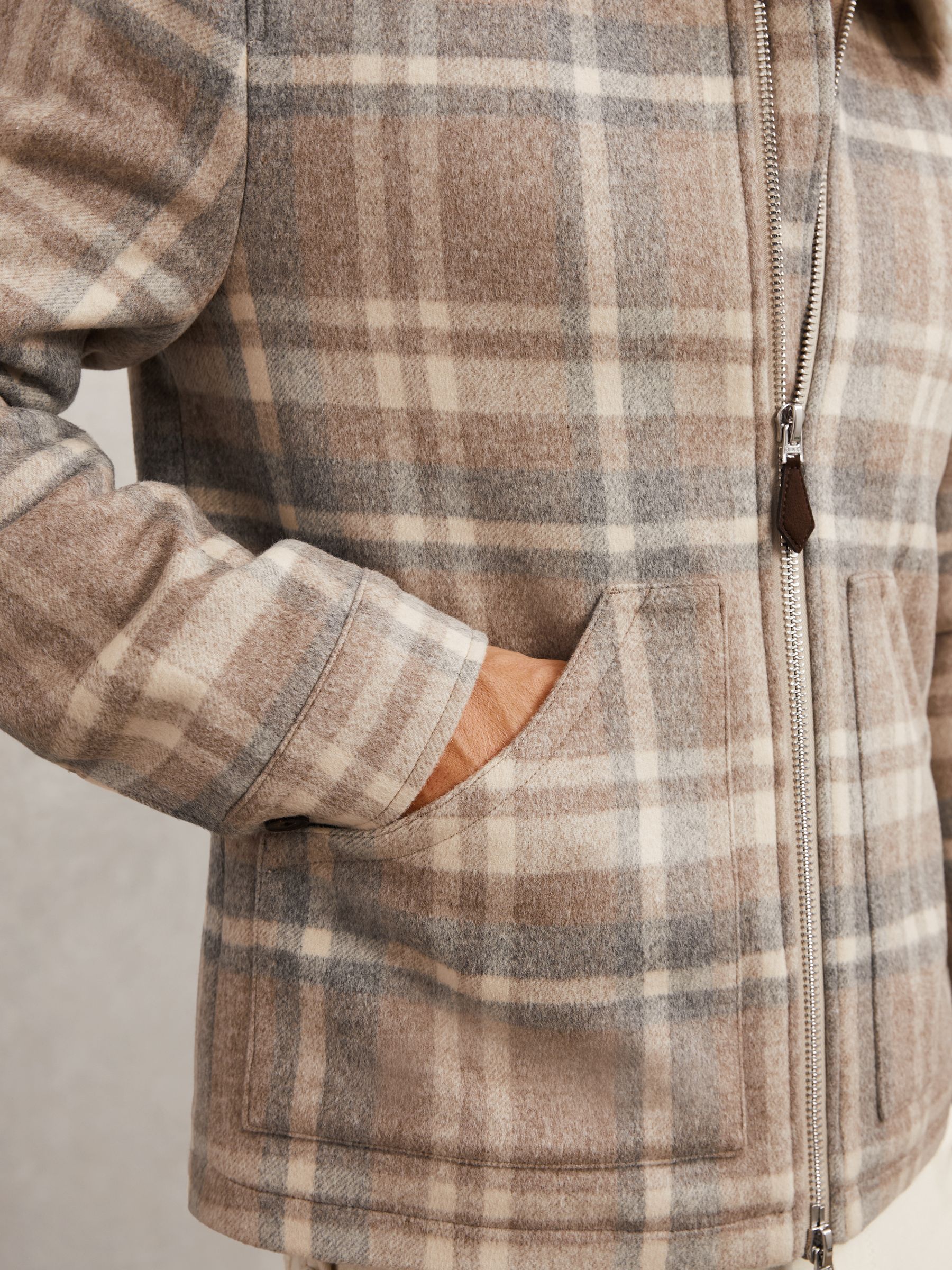 Wool-Blend Check Fleece-Collar Jacket in Oatmeal Brown - image 5