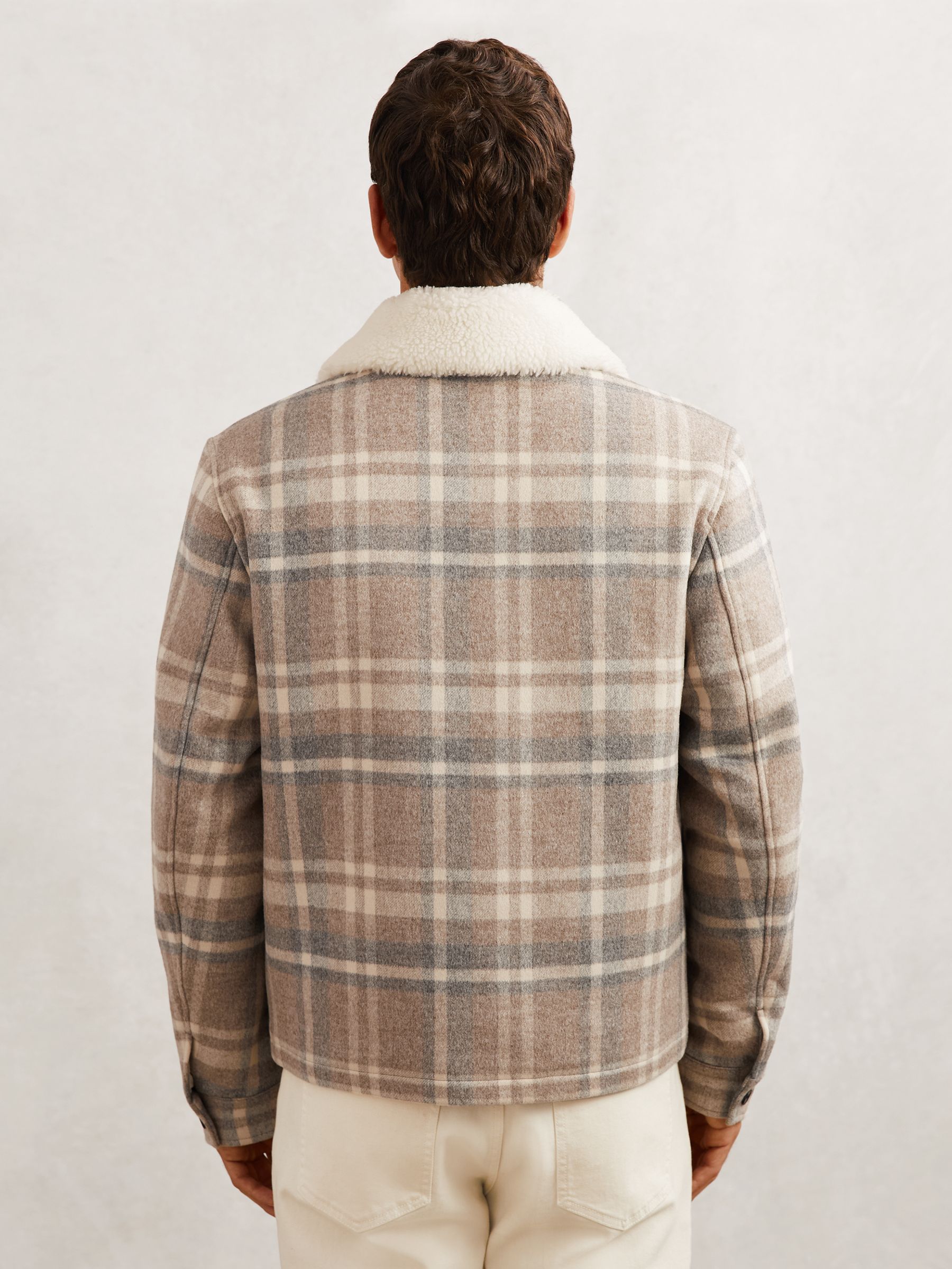 Wool-Blend Check Fleece-Collar Jacket in Oatmeal Brown - image 3