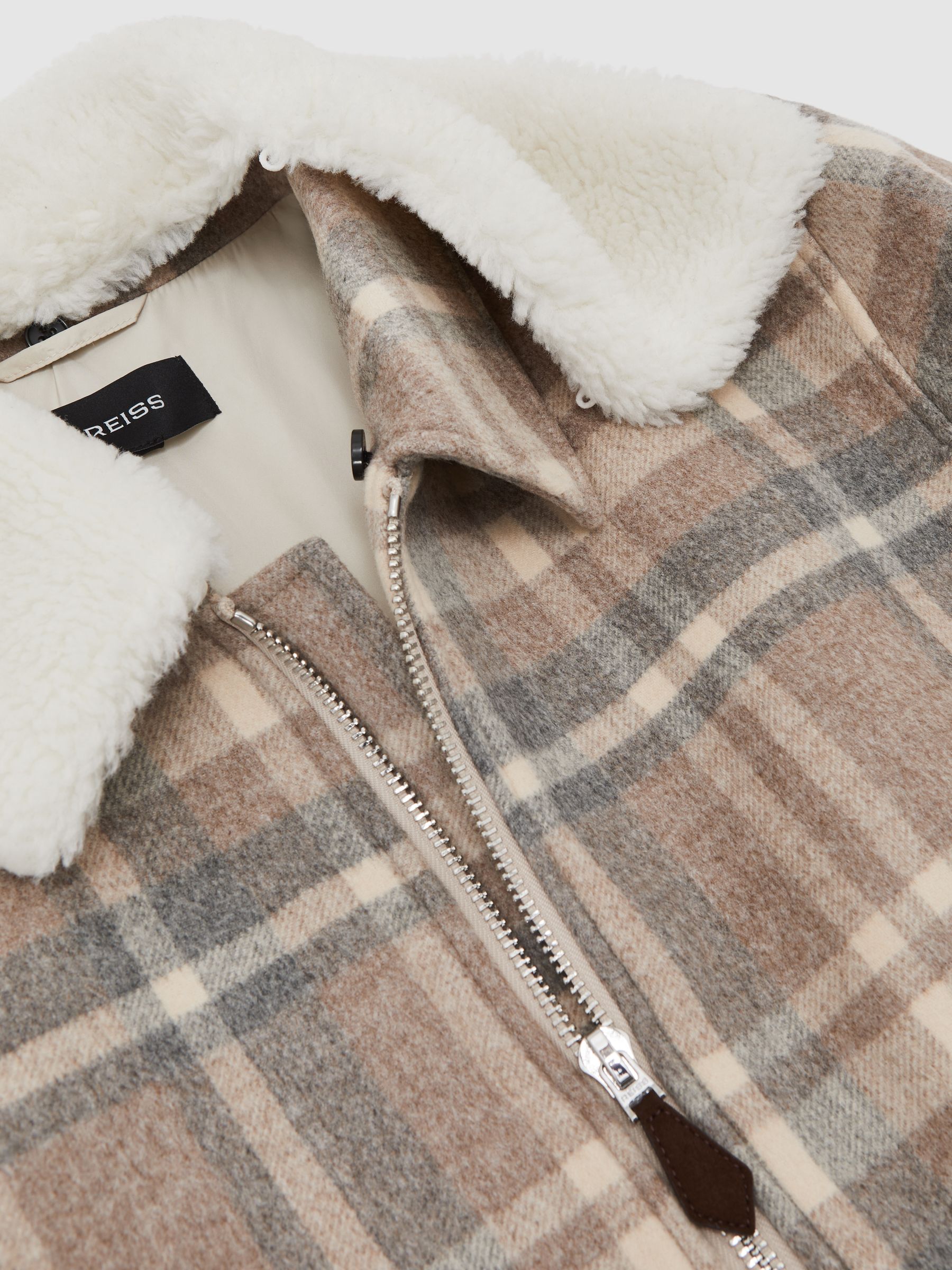 Wool-Blend Check Fleece-Collar Jacket in Oatmeal Brown - image 4