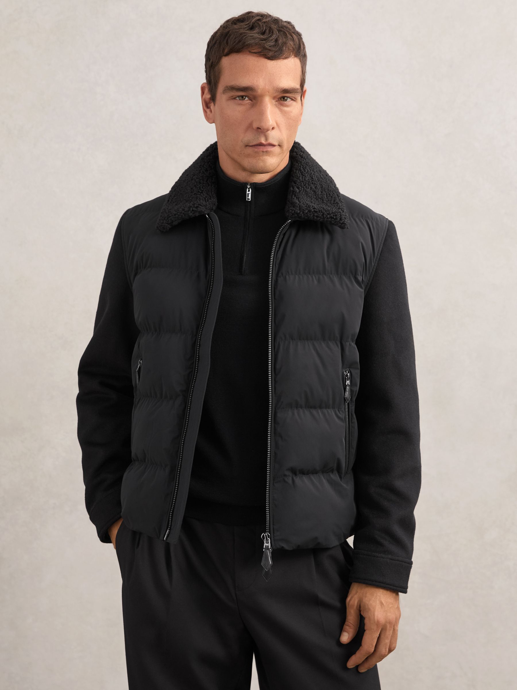 Wool-Sleeve Quilted Puffer Jacket in Black - Image 1 of 6 Wool-Sleeve Quilted Puffer Jacket in Black - Image 1 of 6