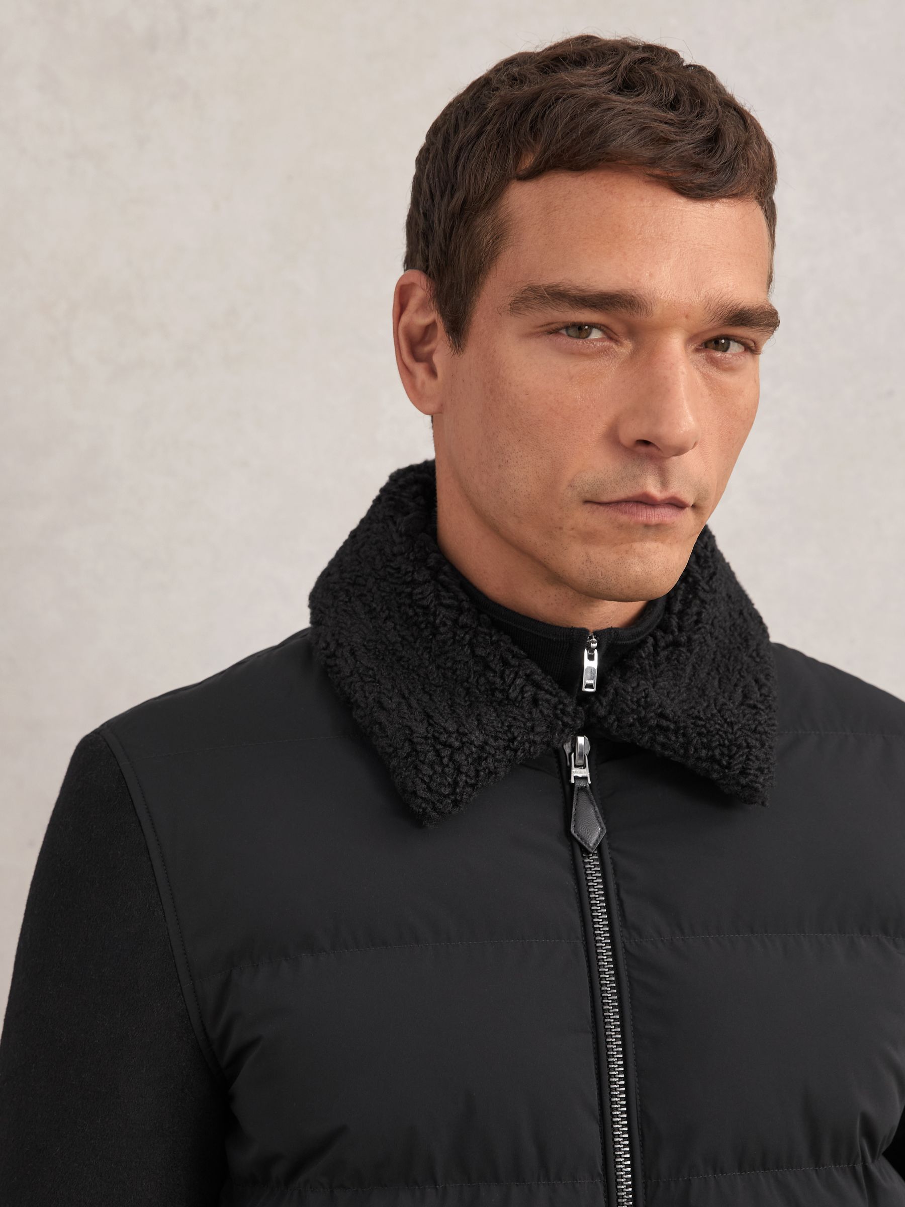 Wool-Sleeve Quilted Puffer Jacket in Black - image 5