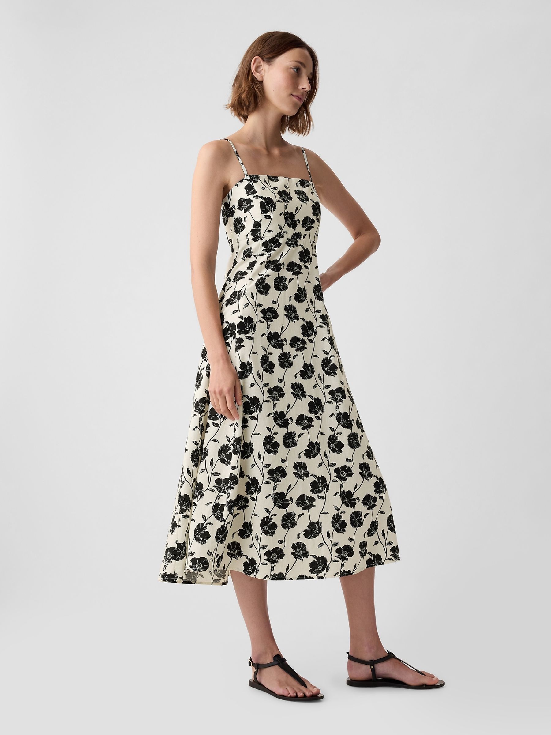 White Floral Linen Blend Removable Straps Midi Dress - Image 1 of 5