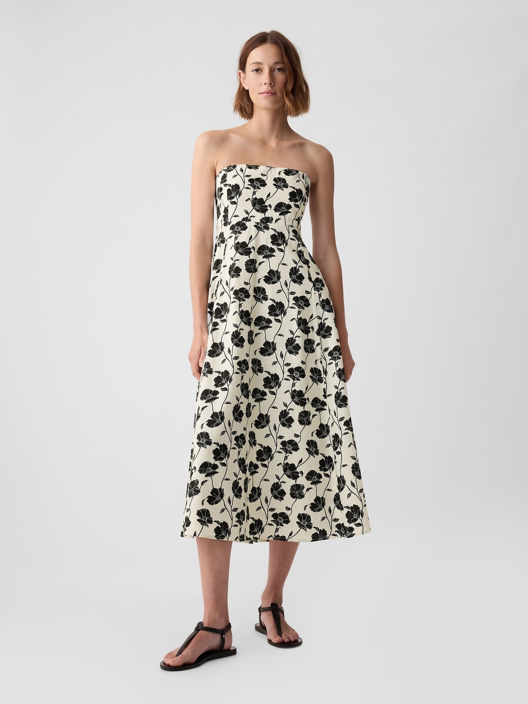 White Floral Linen Blend Removable Straps Midi Dress - Image 2 of 5