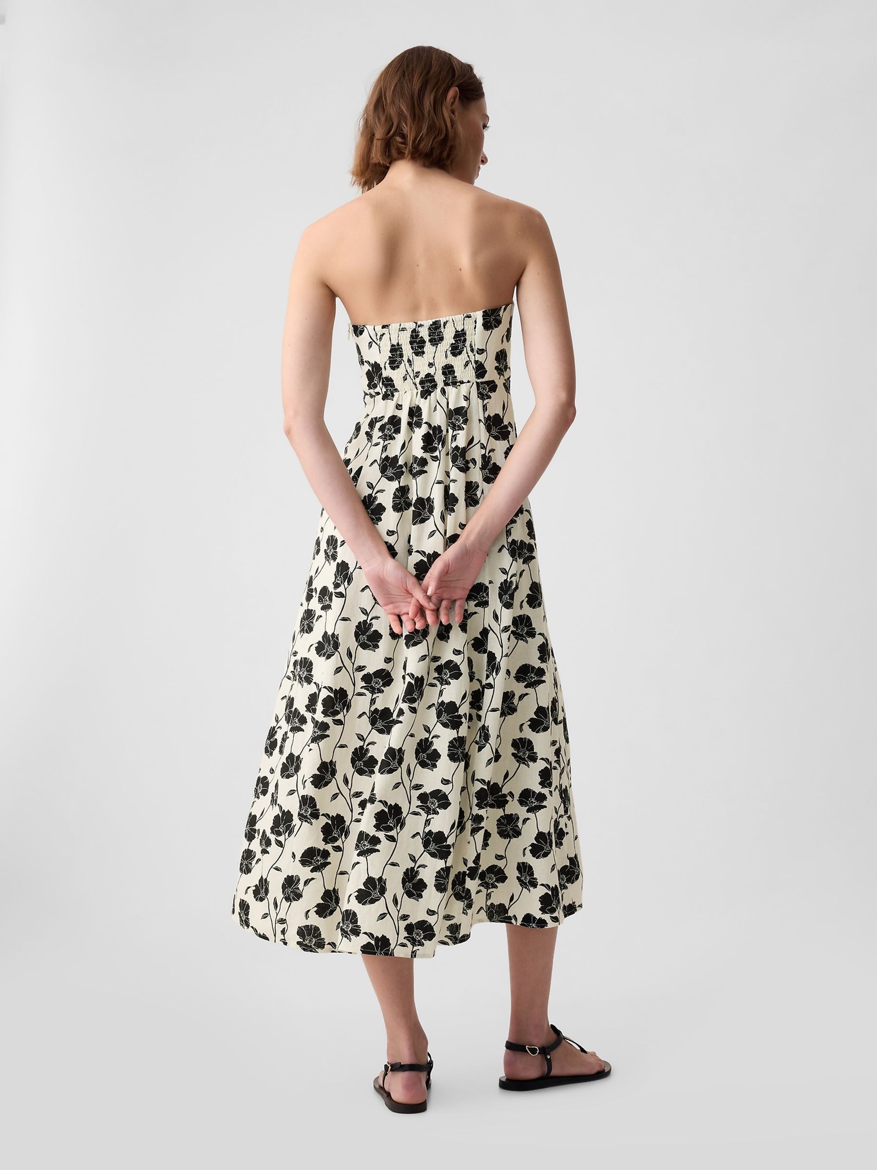White Floral Linen Blend Removable Straps Midi Dress - Image 3 of 5