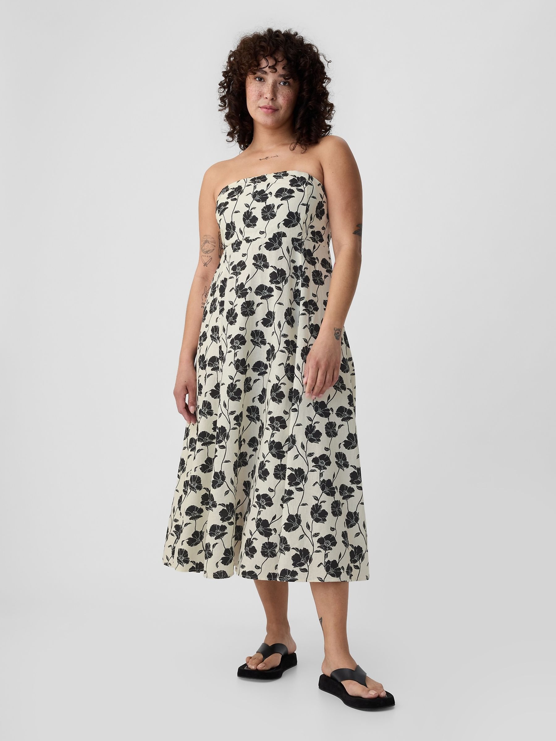 White Floral Linen Blend Removable Straps Midi Dress - Image 4 of 5