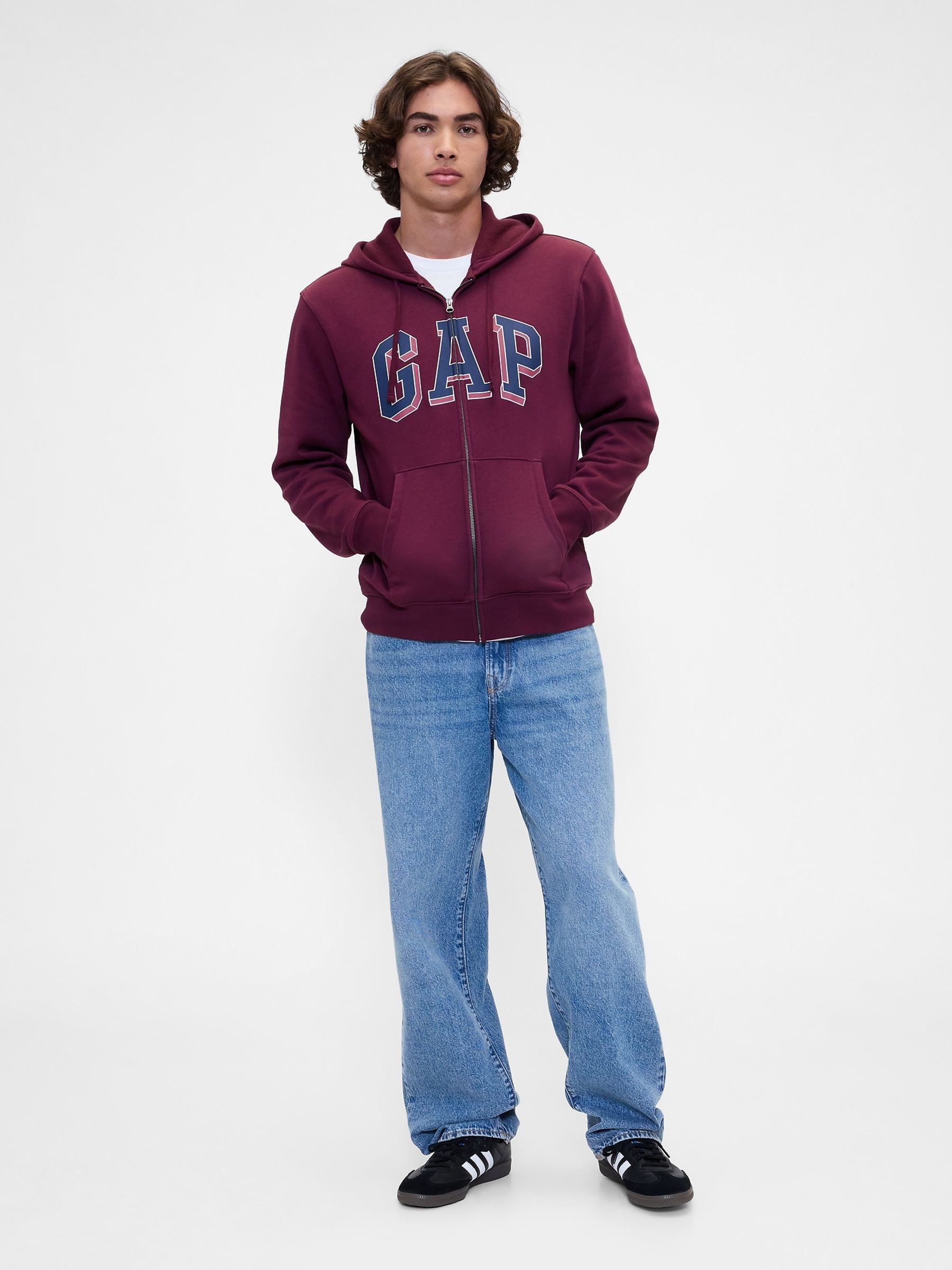 Burgundy Red Zip Through Logo Fleece Lined Hoodie - Image 4 of 5