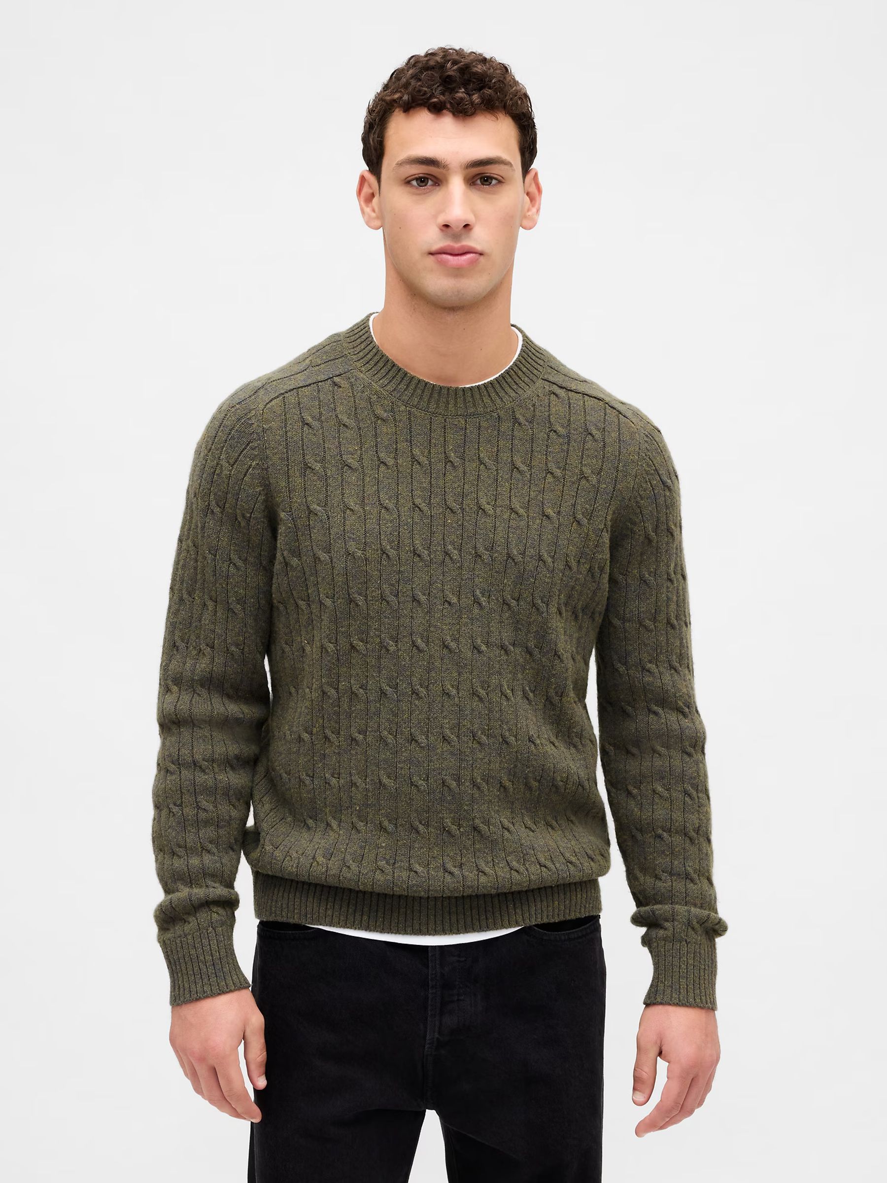 Green Wool Cable Crew Jumper - Image 1 of 4