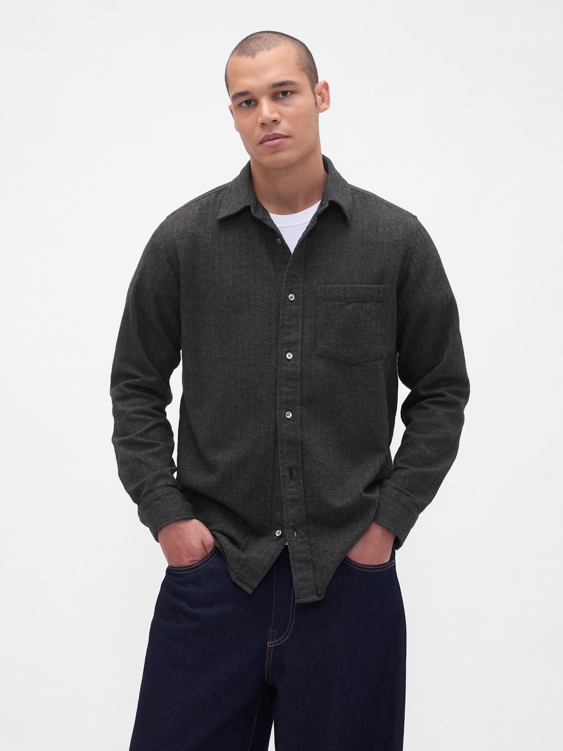 Grey Cotton Relaxed Flannel Shirt - Image 1 of 4