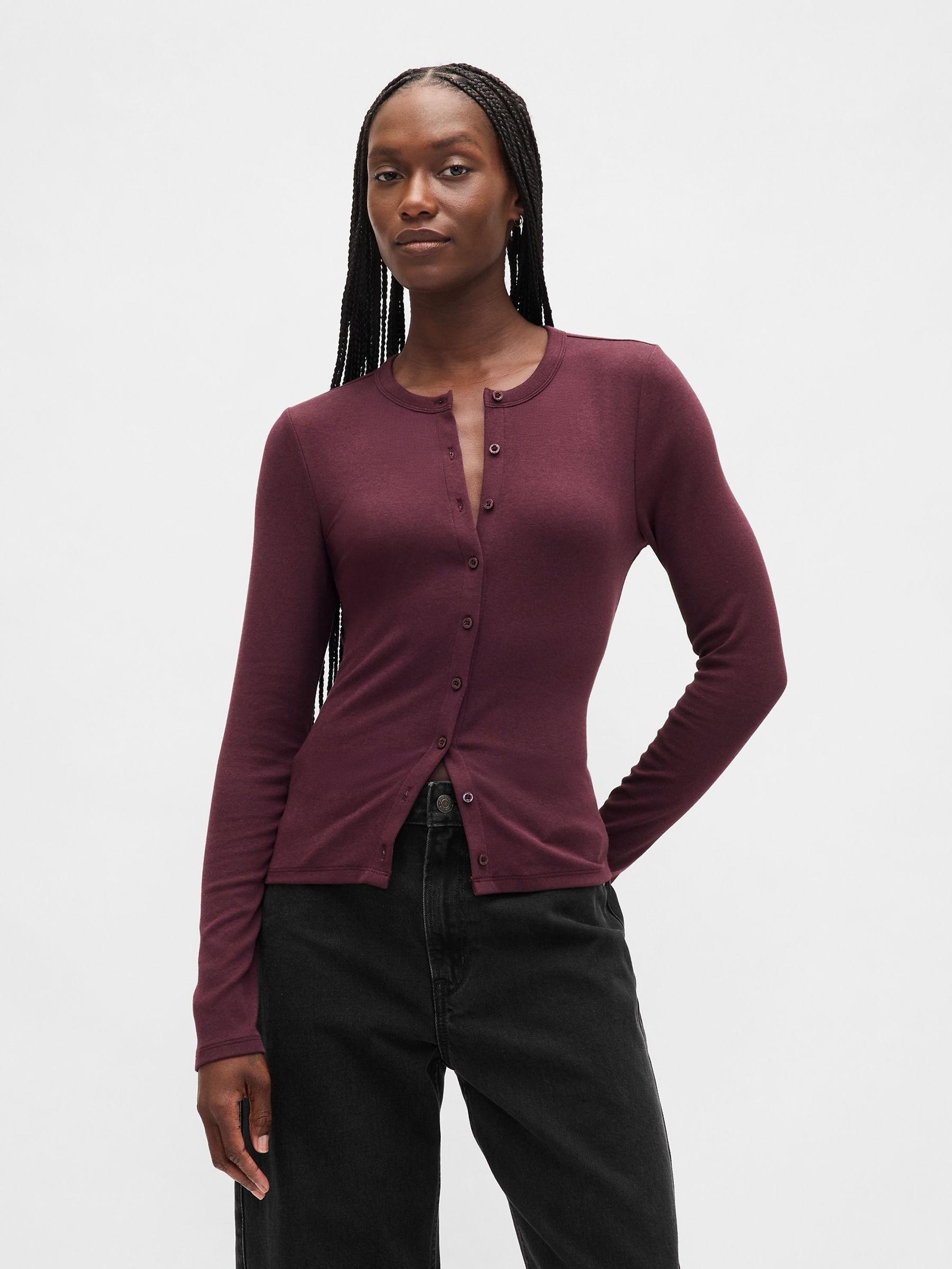 Burgundy Red Modern Crew Neck Cardigan - Image 1 of 4