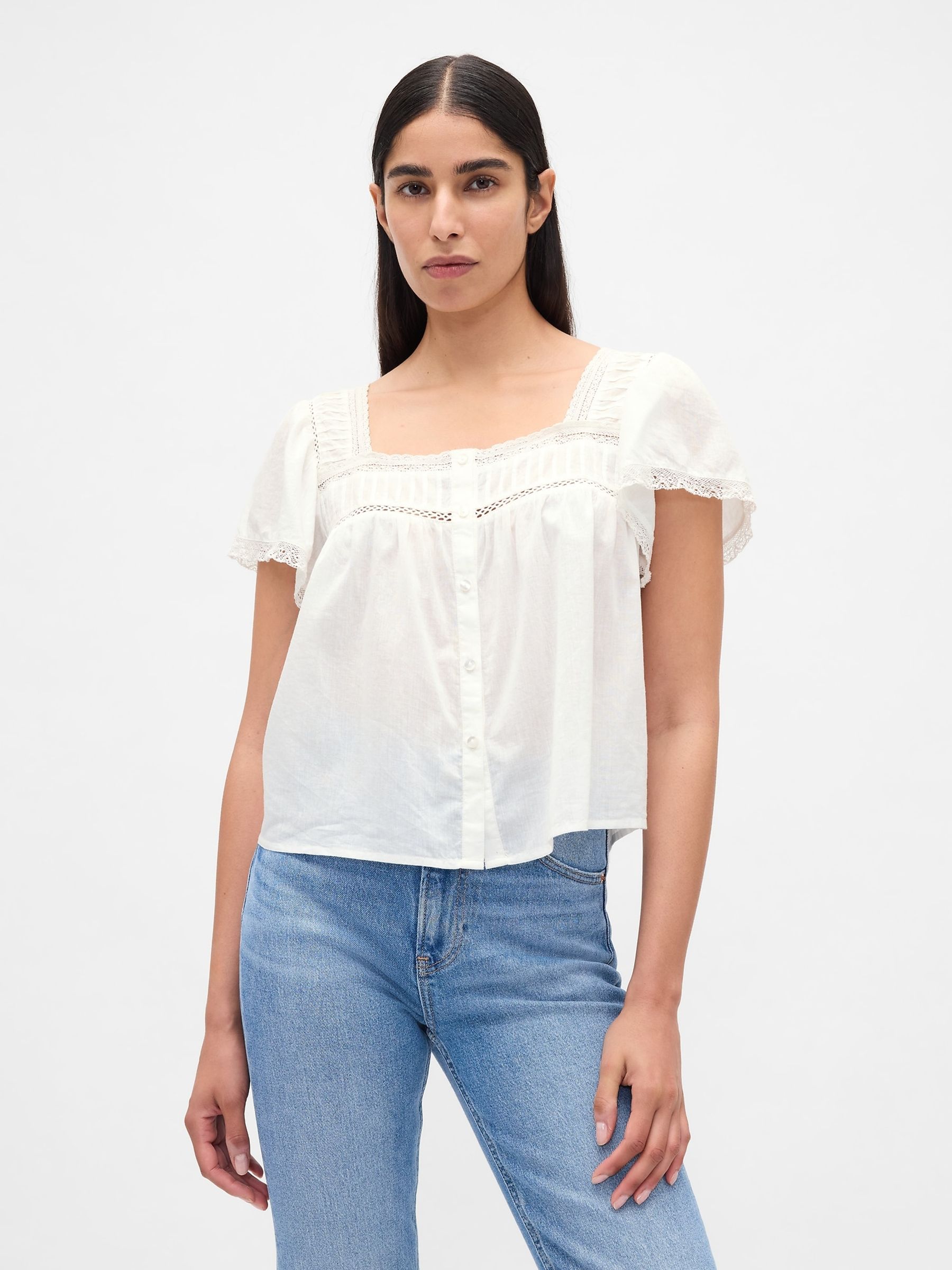 White Neck Top Lace-Trim Square-Neck Crop Top - Image 1 of 4 White Neck Top Lace-Trim Square-Neck Crop Top - Image 1 of 4