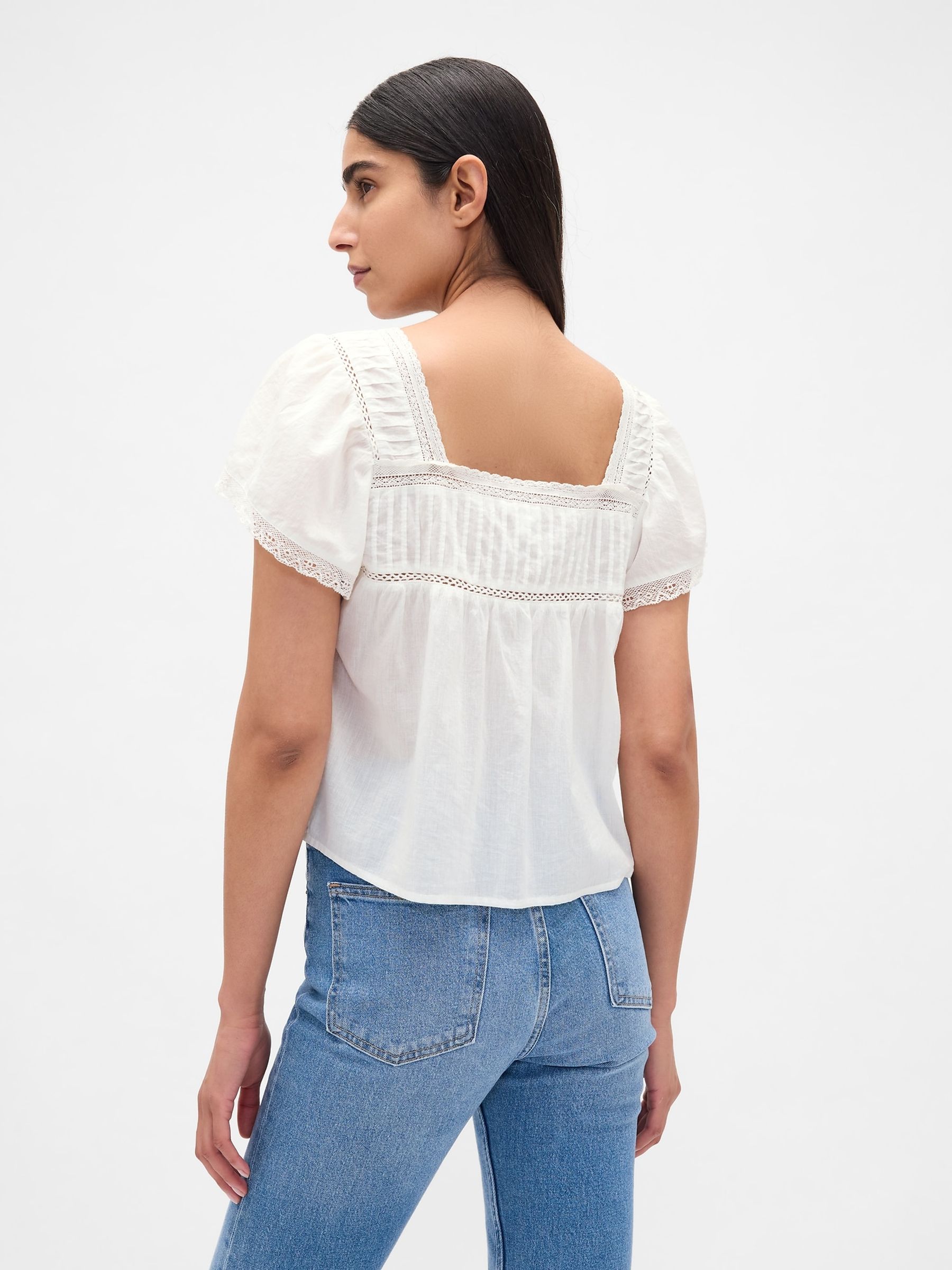 White Neck Top Lace-Trim Square-Neck Crop Top - Image 2 of 4 White Neck Top Lace-Trim Square-Neck Crop Top - Image 2 of 4