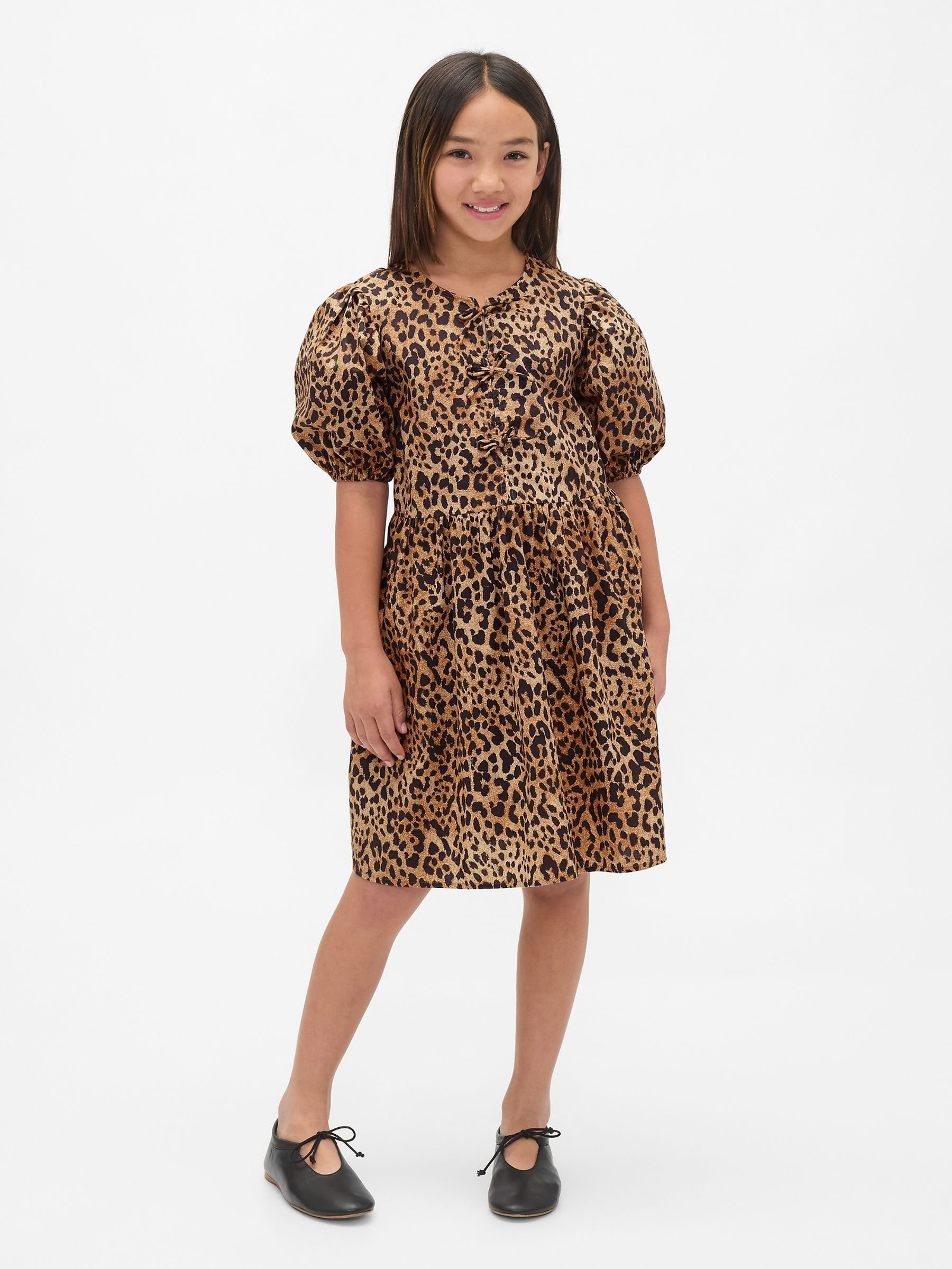 Brown Poplin Puff-Sleeve Leopard Print Dress (4-13yrs) - Image 1 of 4