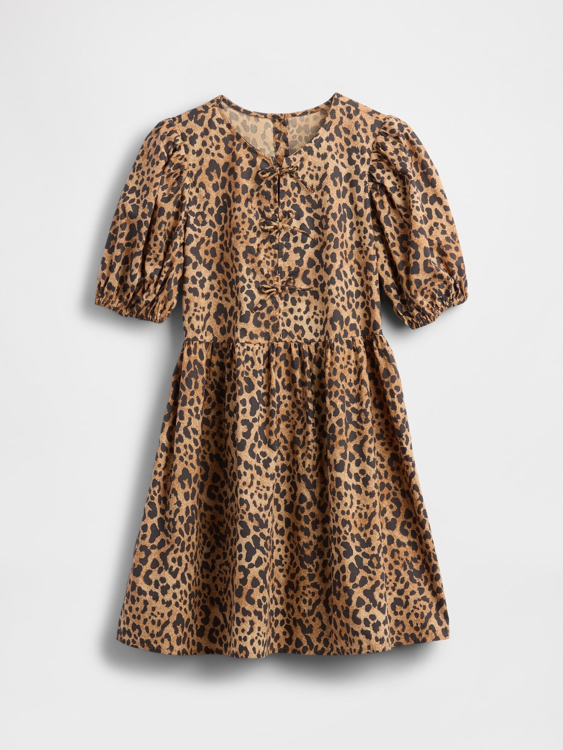 Brown Poplin Puff-Sleeve Leopard Print Dress (4-13yrs) - Image 3 of 4