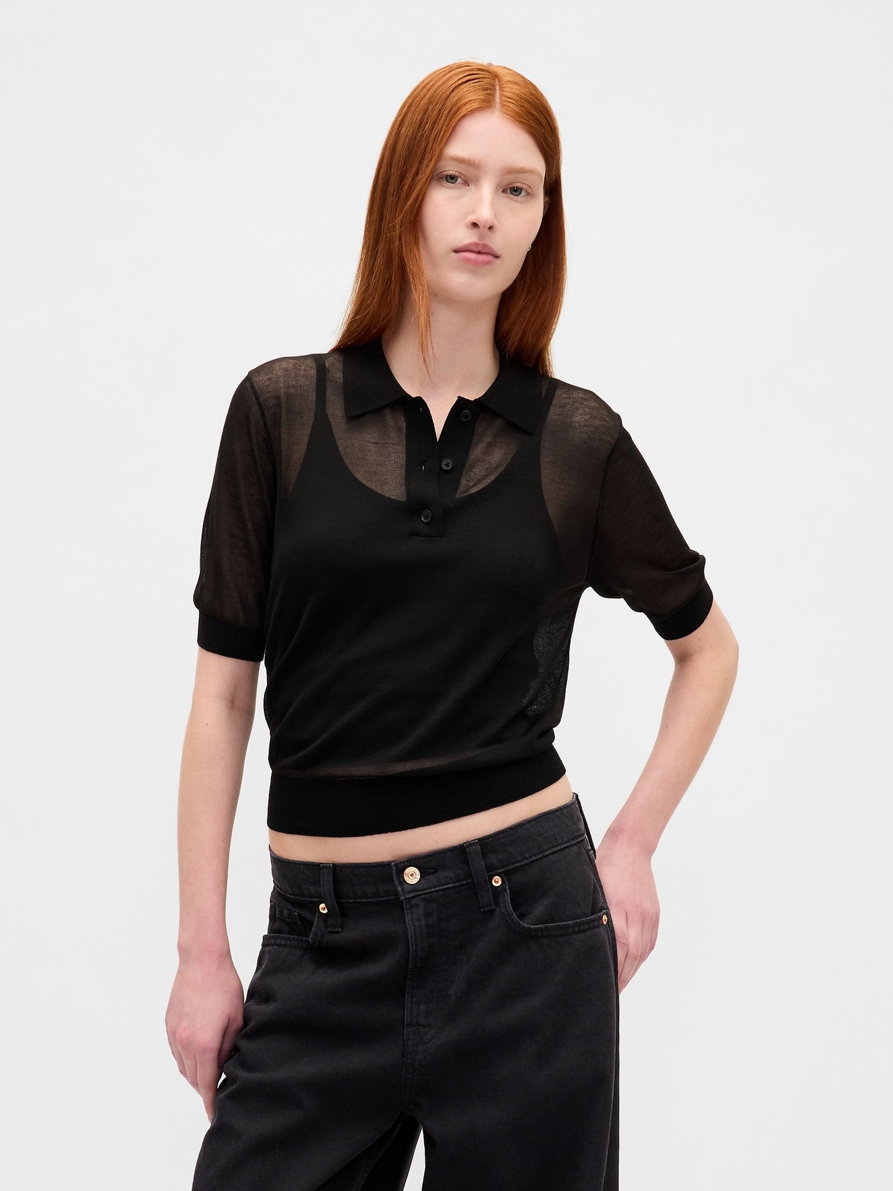 Black Gap Sheer Crop Polo Jumper - Image 1 of 4 Black Gap Sheer Crop Polo Jumper - Image 1 of 4