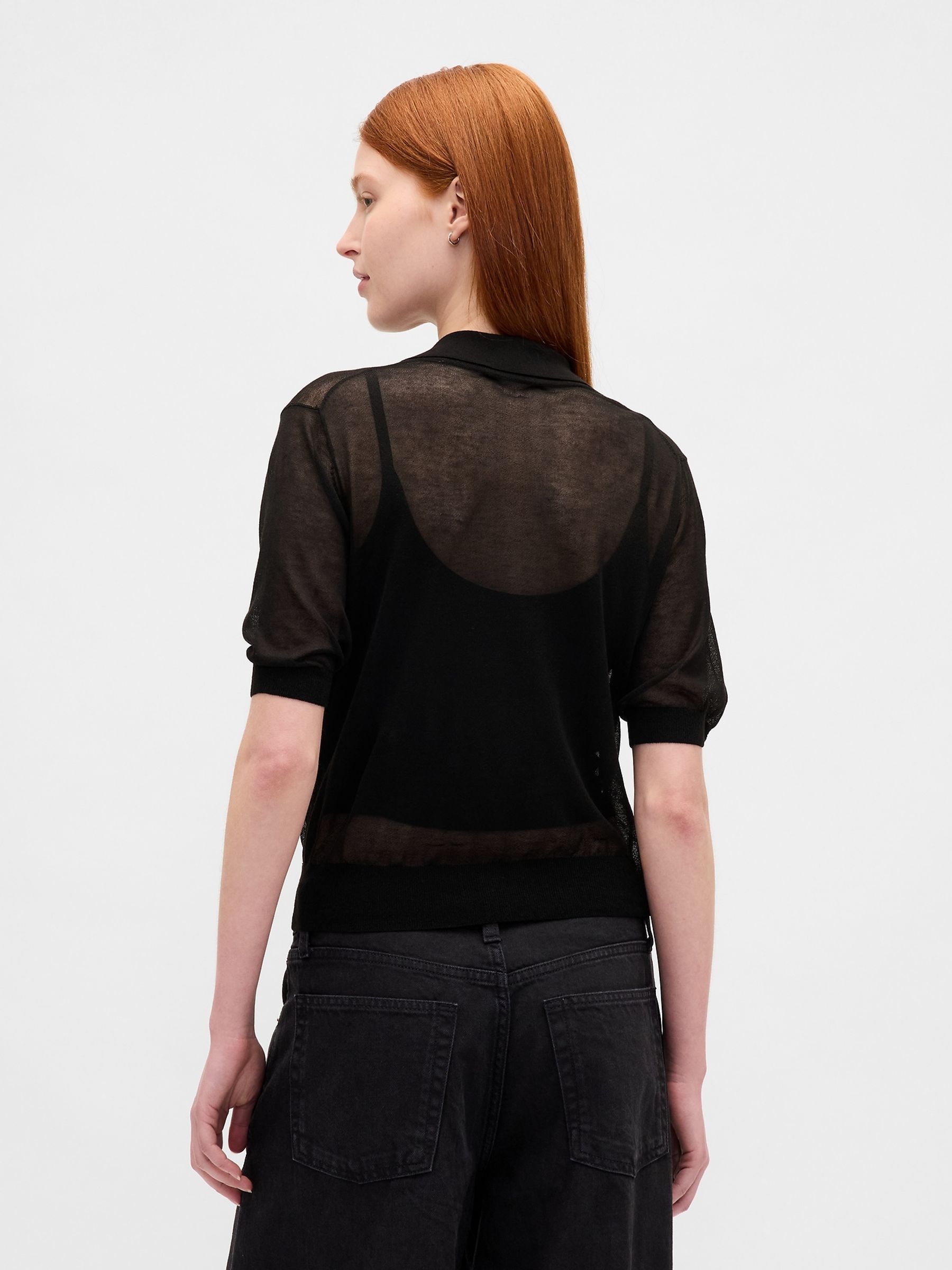 Black Gap Sheer Crop Polo Jumper - Image 2 of 4 Black Gap Sheer Crop Polo Jumper - Image 2 of 4