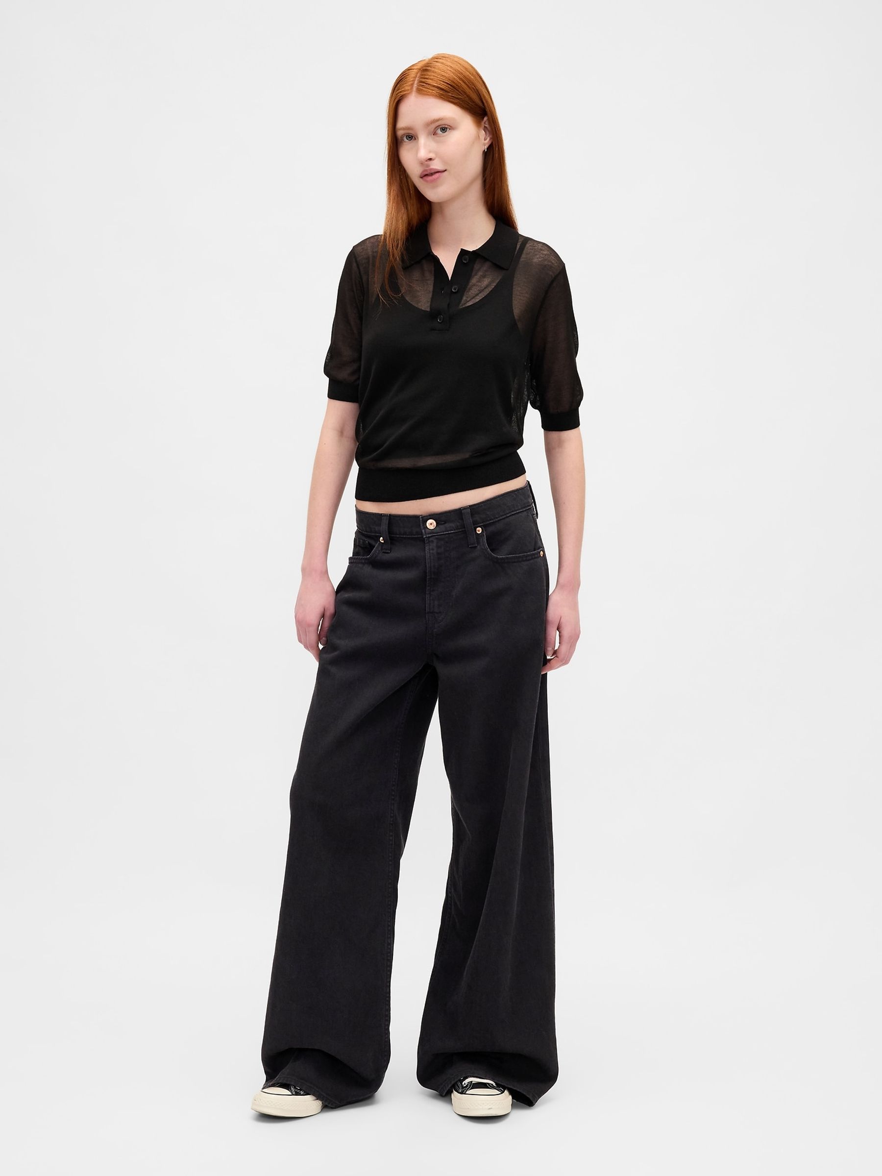 Black Gap Sheer Crop Polo Jumper - Image 3 of 4