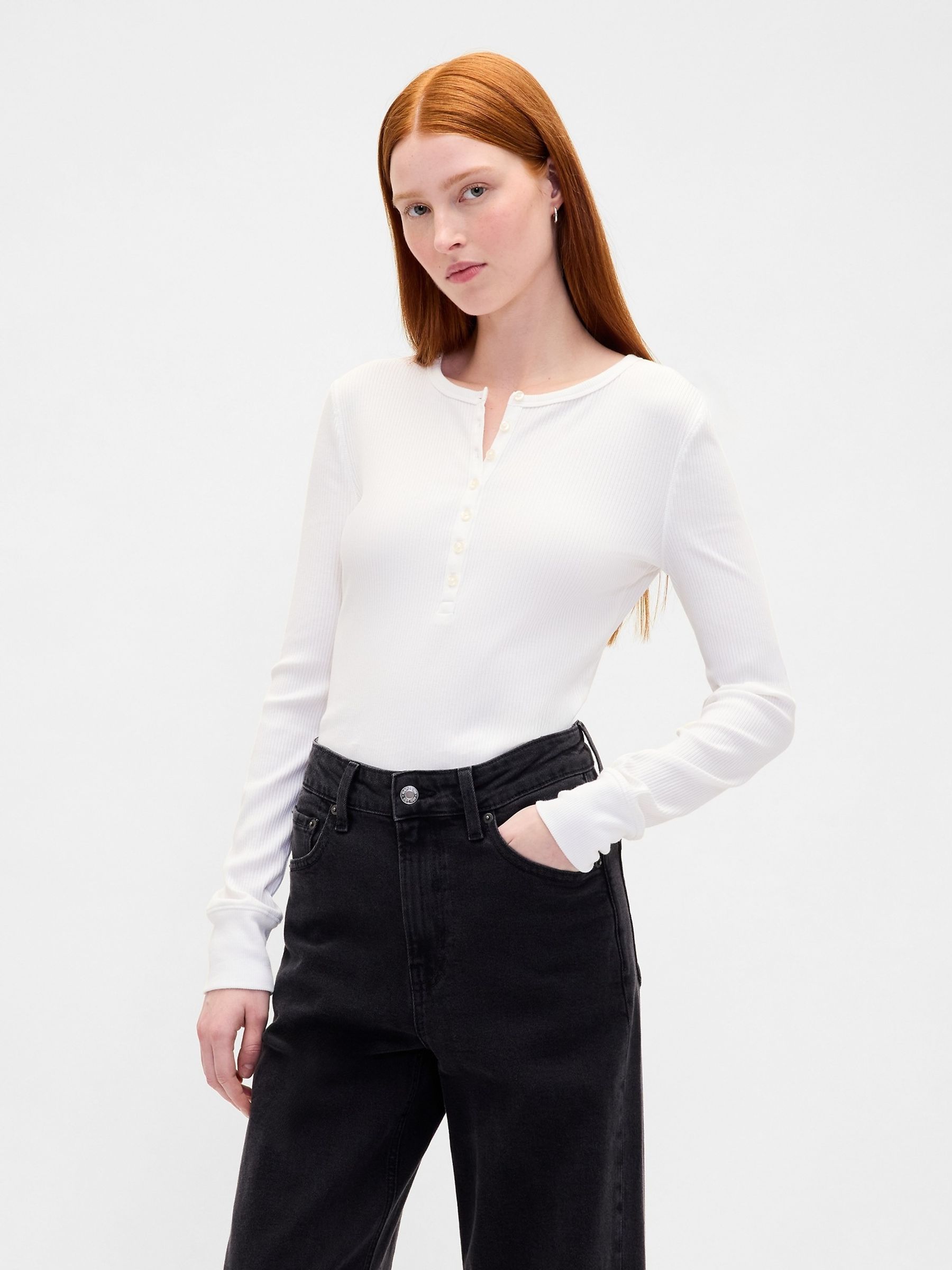 White Modern Rib Long Sleeve Henley T-Shirt - Image 1 of 4