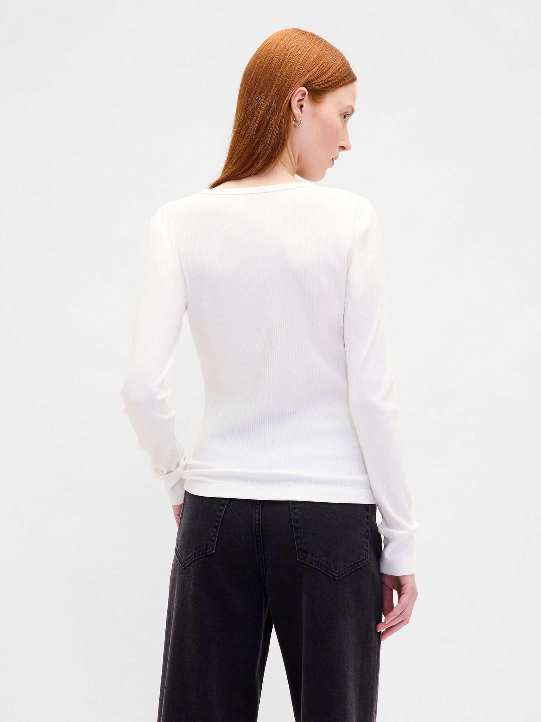 White Modern Rib Long Sleeve Henley T-Shirt - Image 2 of 4
