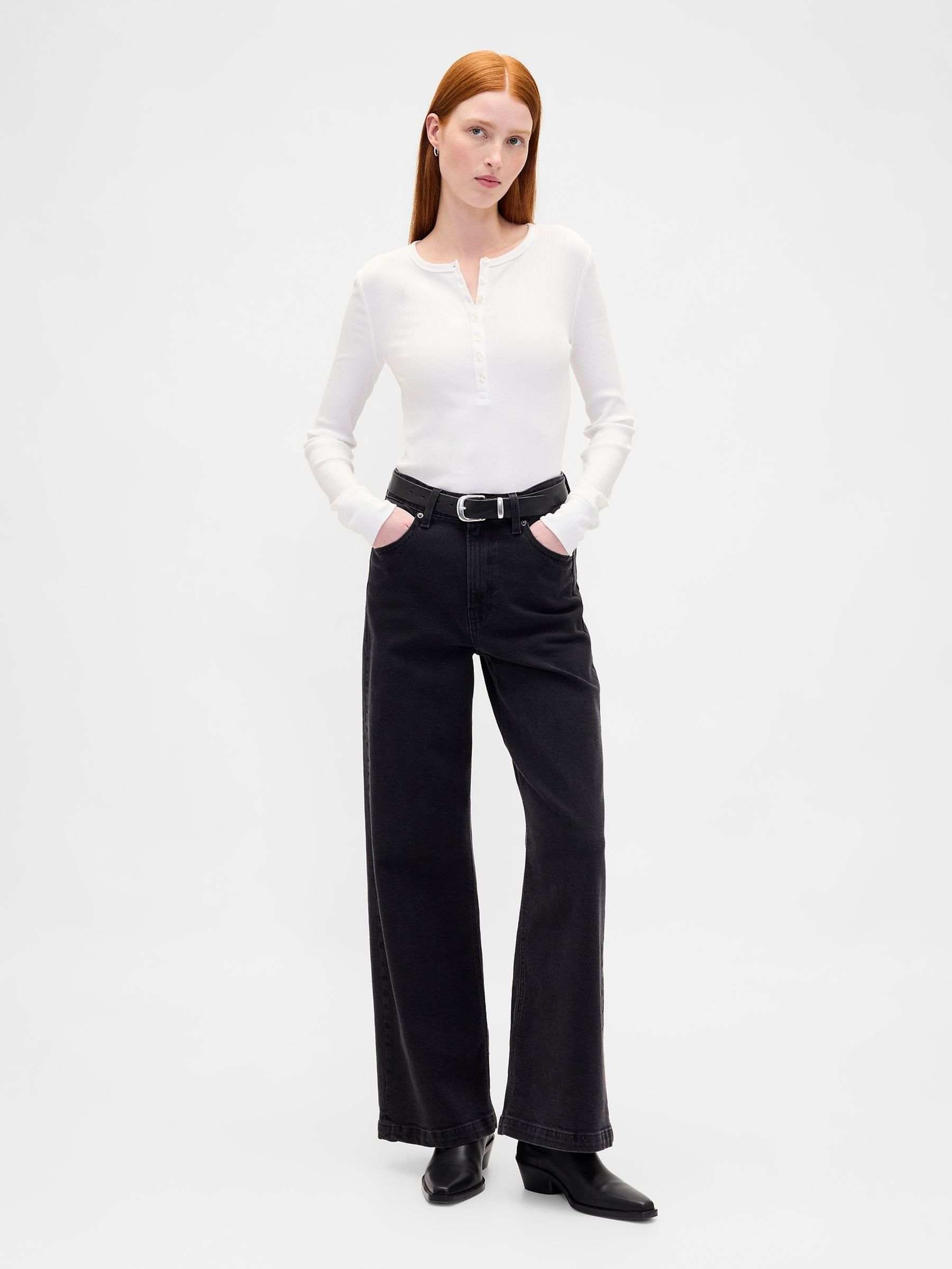 White Modern Rib Long Sleeve Henley T-Shirt - Image 3 of 4