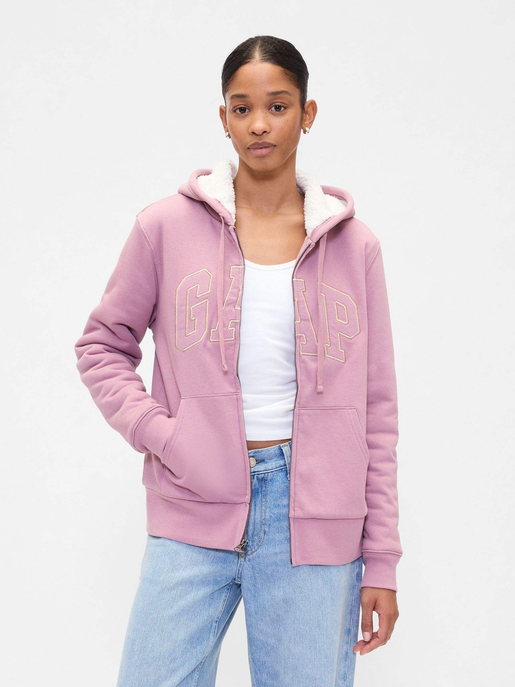 Pink Relaxed Logo Sherpa-Lined Zip Hoodie - Image 1 of 4