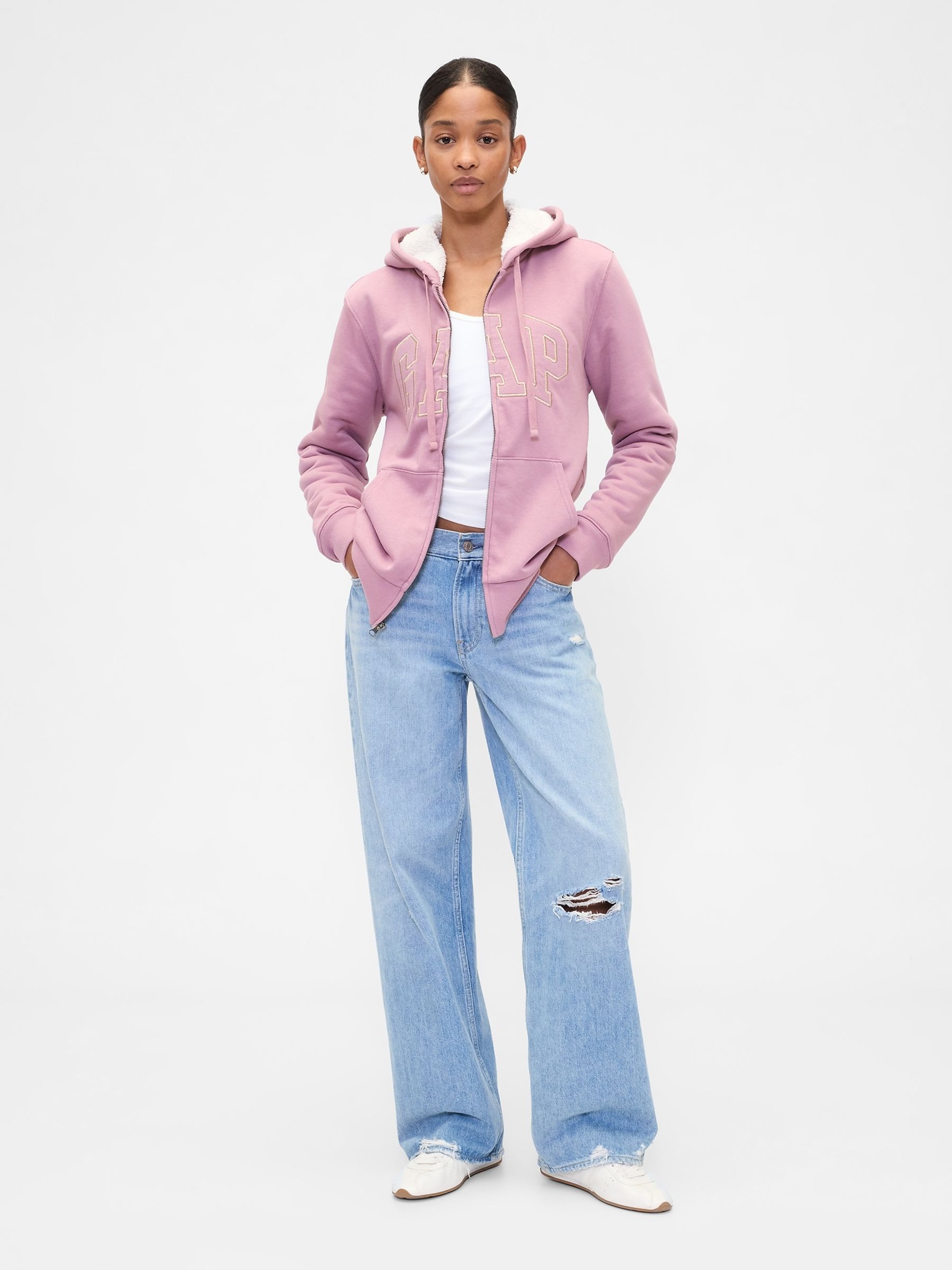 Pink Relaxed Logo Sherpa-Lined Zip Hoodie - Image 3 of 4