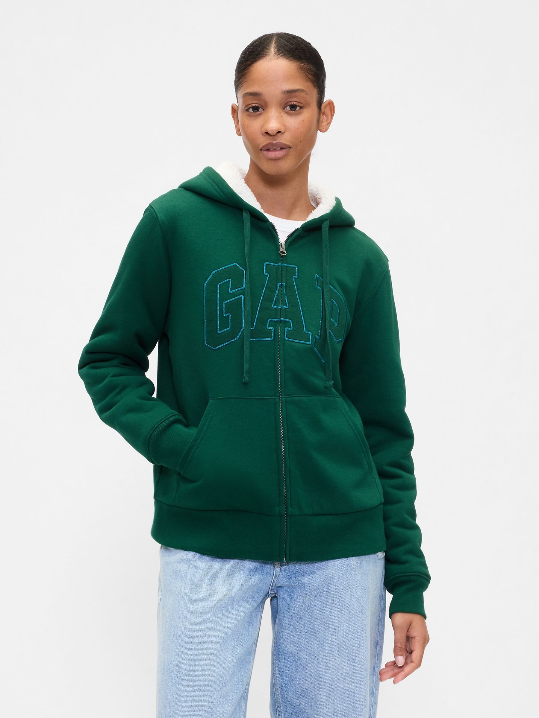 Green Relaxed Logo Sherpa-Lined Zip Hoodie - Image 1 of 4
