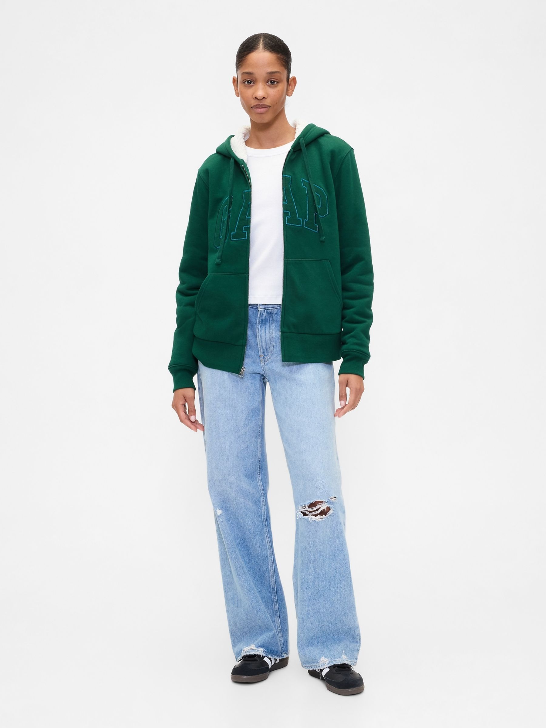Green Relaxed Logo Sherpa-Lined Zip Hoodie - Image 3 of 4