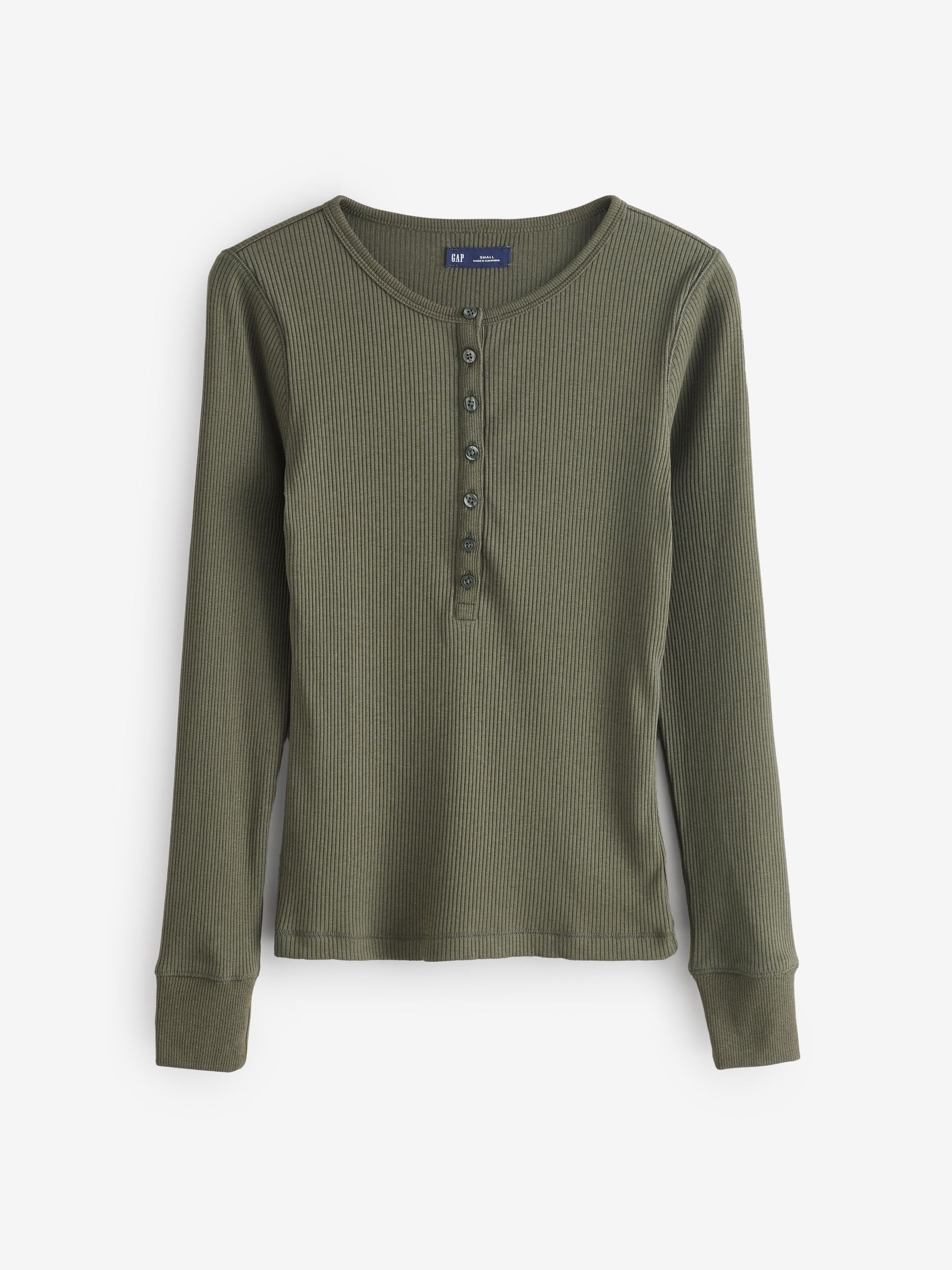 Modern Green Long Sleeve Ribbed Henley Top - Image 1 of 4