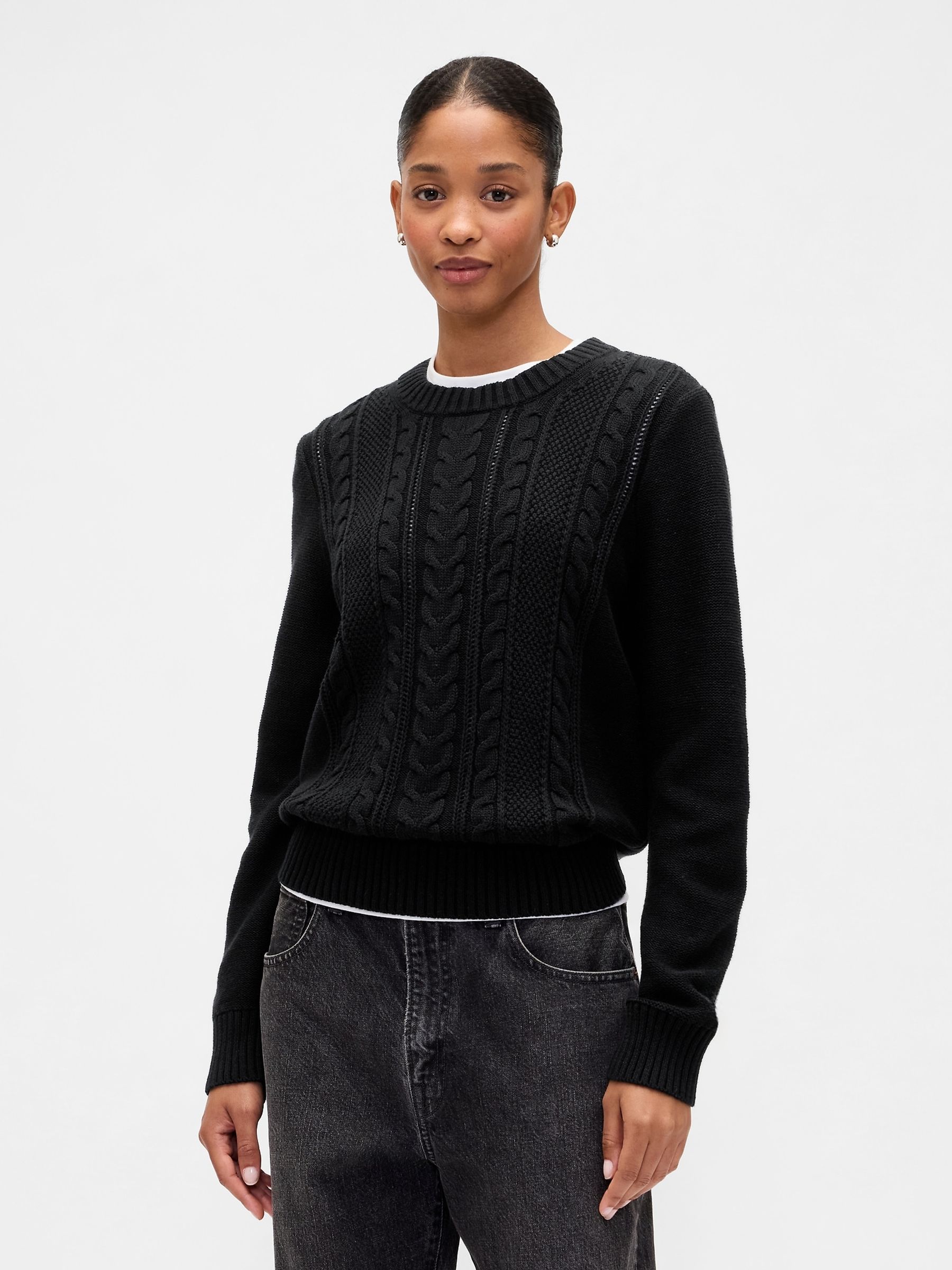 Black Cotton Cable Knit Sweatshirt - Image 1 of 5